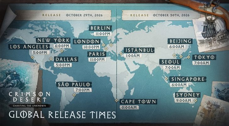 Carte mondiale des heures de sortie de Crimson Desert, avec le 29 et le 30 octobre 2026 et des créneaux locaux, notamment 18 h 00 à New York, 7 h 00 à Séoul et 9 h 00 à Sydney.