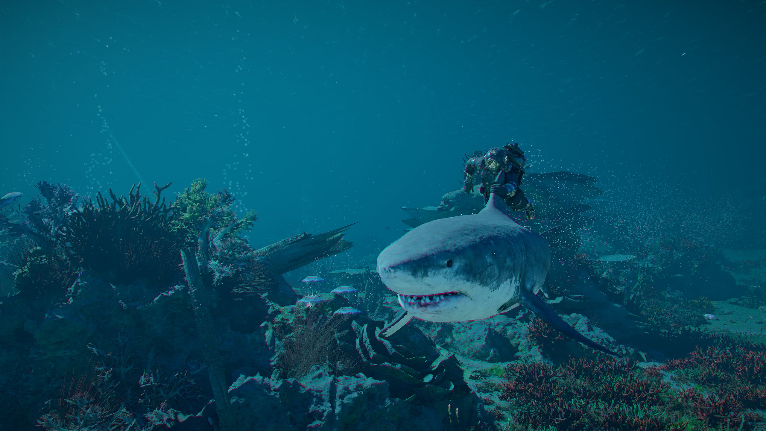 Un explorateur chevauchant un requin sous l'eau dans Crimson Desert, avec des récifs coralliens visibles en arrière-plan.