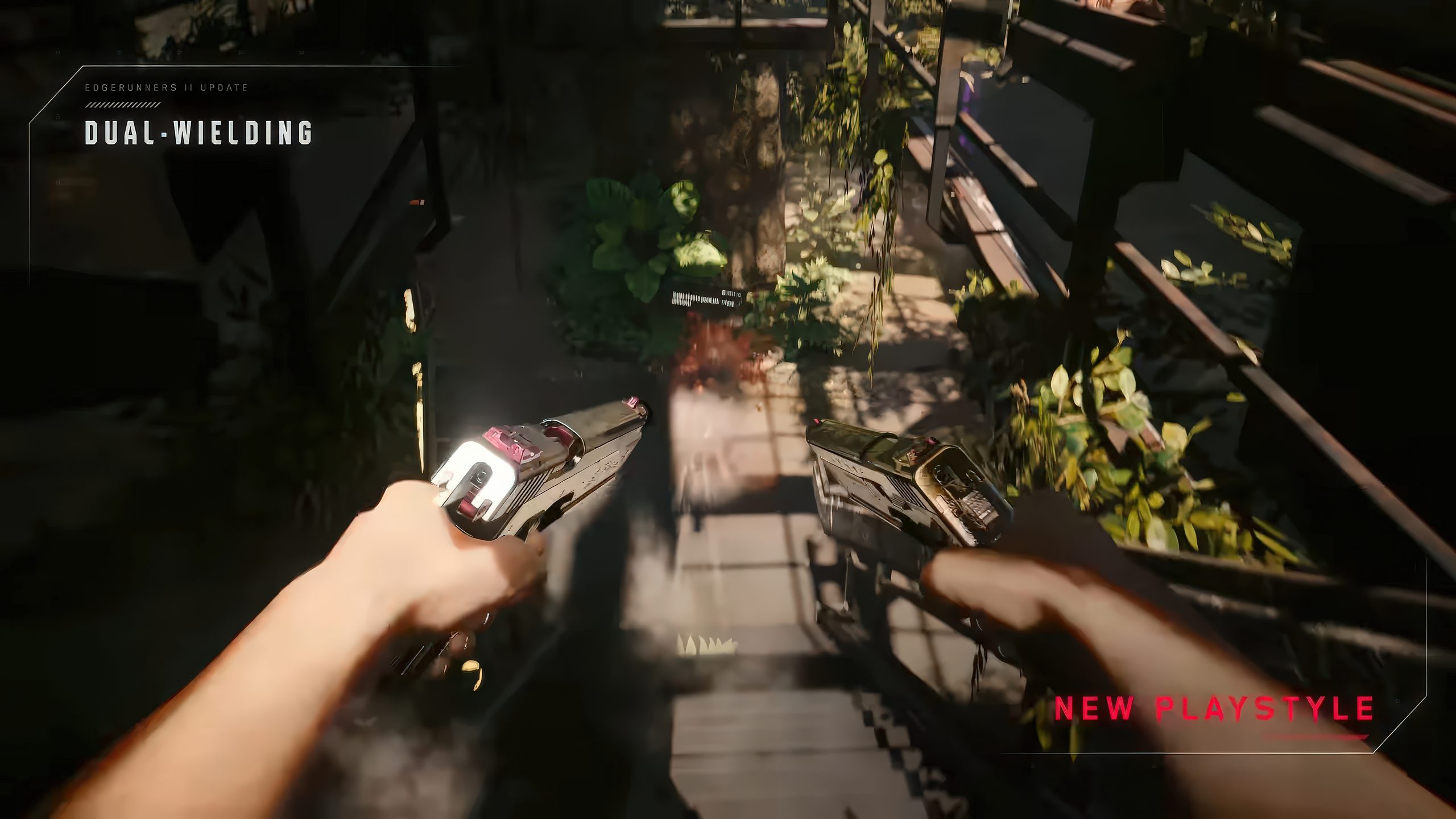 Un personnage du jeu 'Cyberpunk 2077' manie deux pistolets dans un environnement luxuriant et végétal avec une superposition de texte 'Dual-Wielding' et 'NEW PLAYSTYLE.'