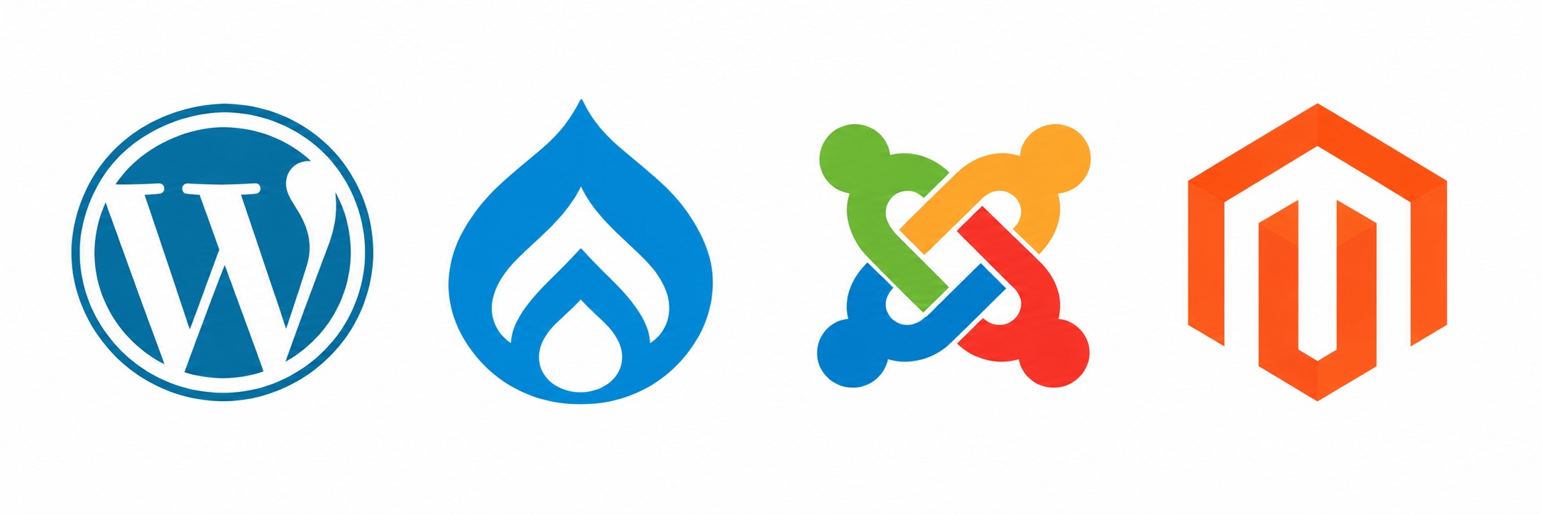 Les logos de WordPress, Drupal, Joomla et Magento alignés horizontalement.