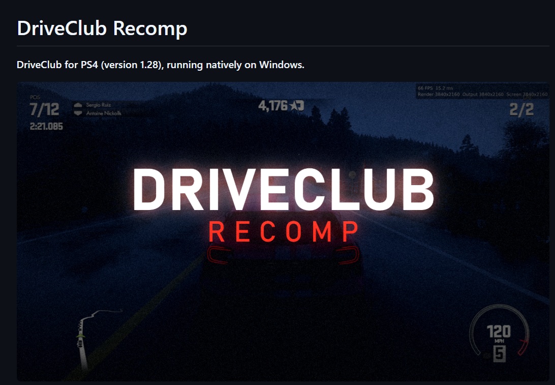 Une capture d'écran de 'DriveClub Recomp' montrant le jeu sous Windows avec les indicateurs de position et de vitesse visibles.