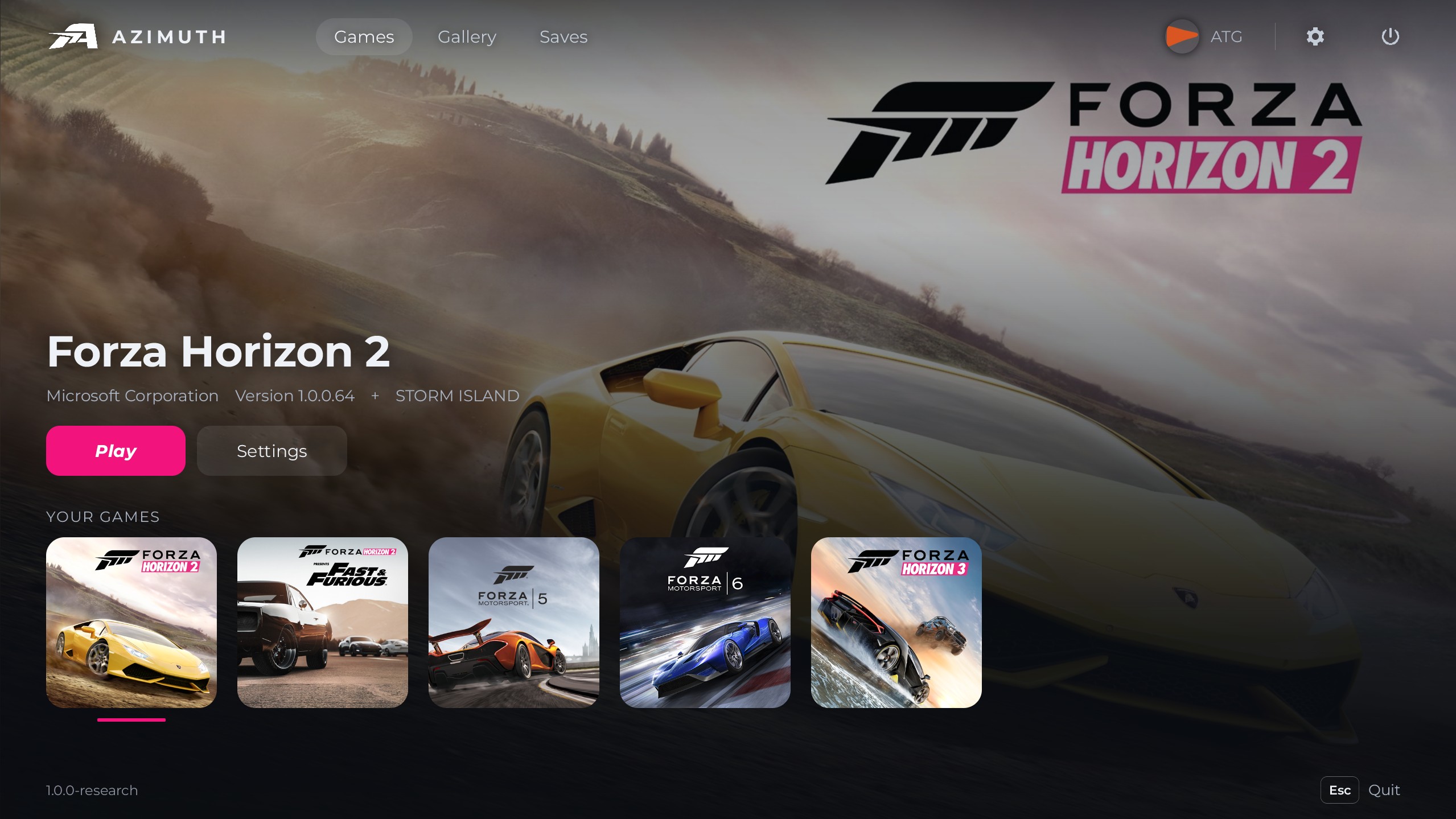 Le launcher de Forza Horizon 2 par Microsoft Corporation, version 1.0.0.64, affiche une voiture sportive jaune et propose Lancer et Paramètres, avec des icônes pour Forza Motorsport 5, Forza Motorsport 6 et Forza Horizon 3.