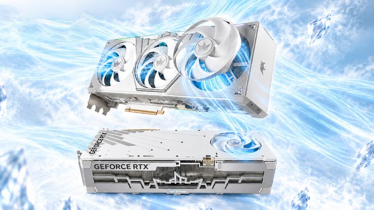 A Galax GeForce RTX graphics card with a white cooling design and triple fans is shown suspended in an icy, blue-themed background.