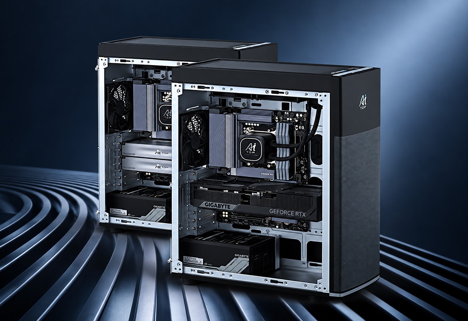 Deux boîtiers d'ordinateur ouverts avec l'inscription 'Ai TOP', abritant des cartes mères Gigabyte et des cartes graphiques NVIDIA GeForce RTX.