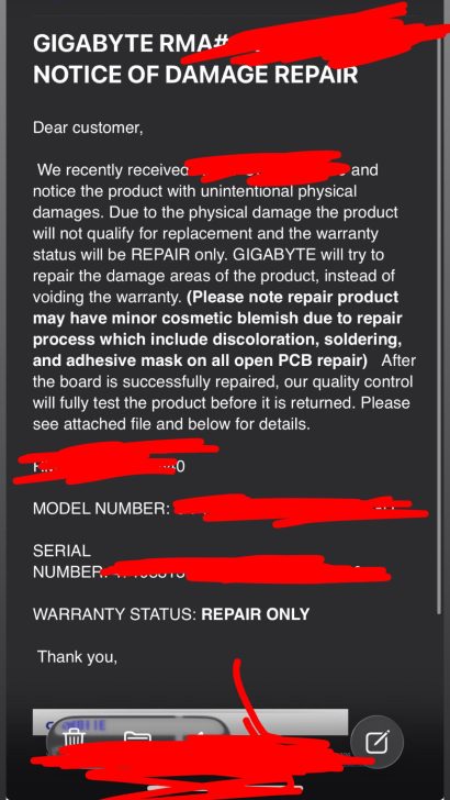 A letter from GIGABYTE titled 'NOTICE OF DAMAGE REPAIR' informs the customer that due to physical damage, the product will not qualify for replacement, with a warranty status of 'REPAIR ONLY.'