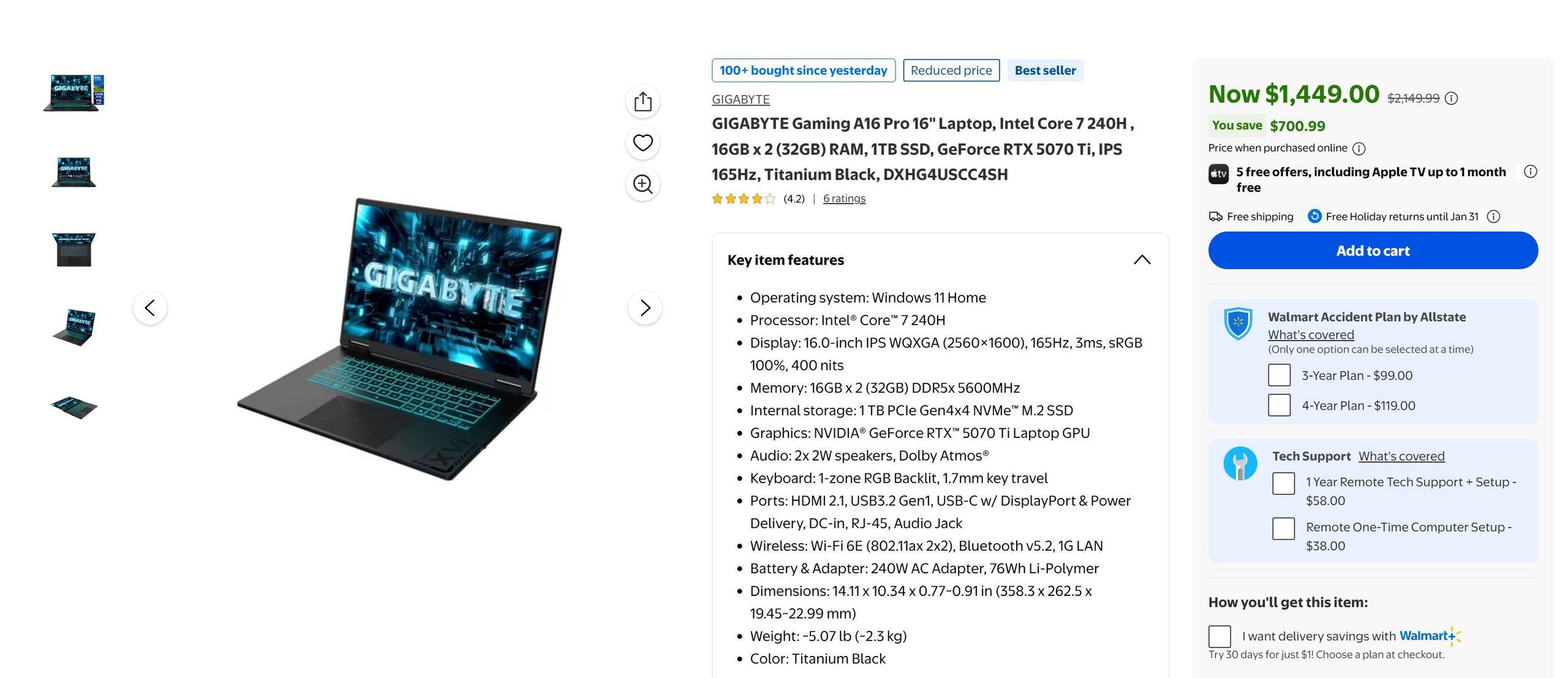 The image shows a GIGABYTE Gaming A16 Pro 16 Laptop featuring an Intel Core 7 240H processor, 16GB x 2 (32GB) RAM, 1TB SSD, and an NVIDIA GeForce RTX 5070 Ti, with a 16-inch IPS WQXGA display at 165Hz in titanium black.