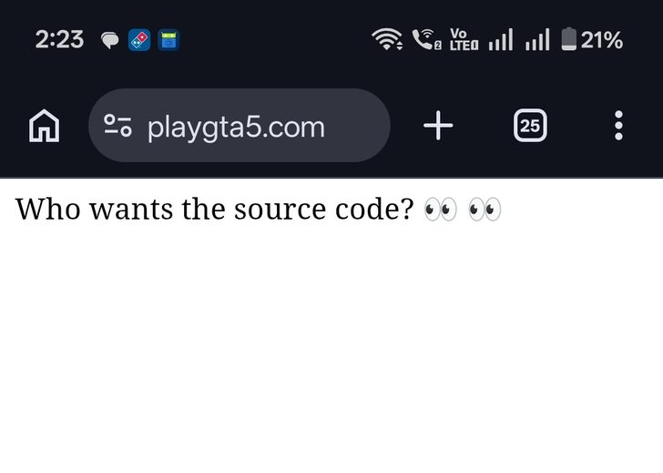 Une fenêtre de navigateur mobile affiche l'URL playgta5.com avec le texte 'Qui veut le code source ?' et des émoticônes.