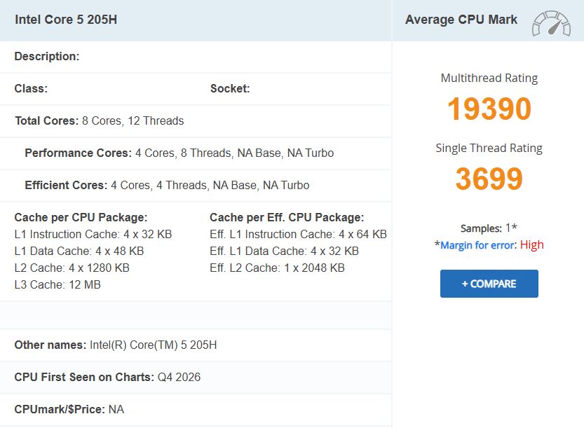 Une page de résultats de benchmark pour l'Intel Core 5 205H affiche un score multithread de '19390' et un score single-thread de '3699'. Le processeur dispose de 8 cœurs et 12 threads.