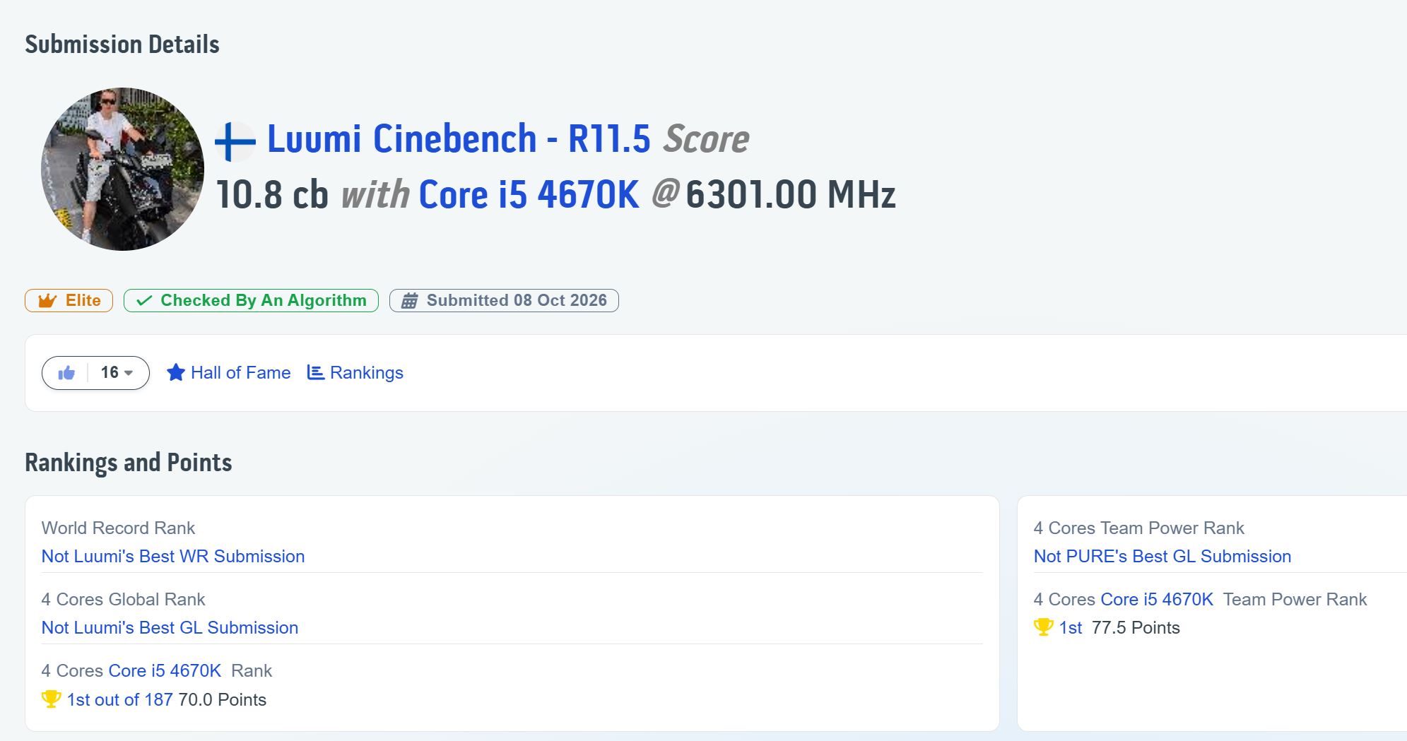 Capture d'écran de la soumission Cinebench R11.5 montrant un score de 10,8 cb avec un Core i5 4670K.