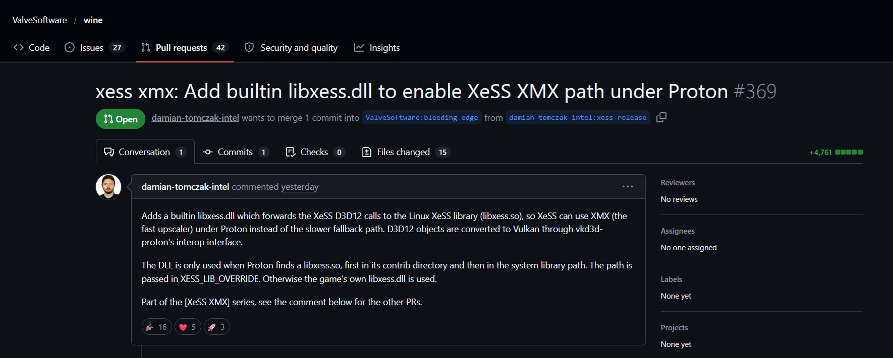 Une demande de modifications GitHub intitulée 'xess xmx: Add builtin libxess.dll to enable XeSS XMX path under Proton'.