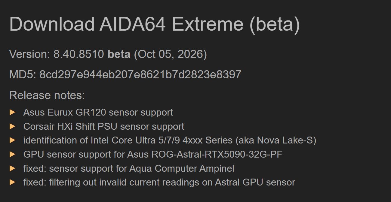 La page de téléchargement de la version bêta 8.40.8510 d'AIDA64 Extreme. Les notes de version mentionnent l'ajout du support pour les processeurs Intel Core Ultra 5/7/9 4xxx Series, ainsi que pour des capteurs spécifiques de cartes mères et d'alimentations.