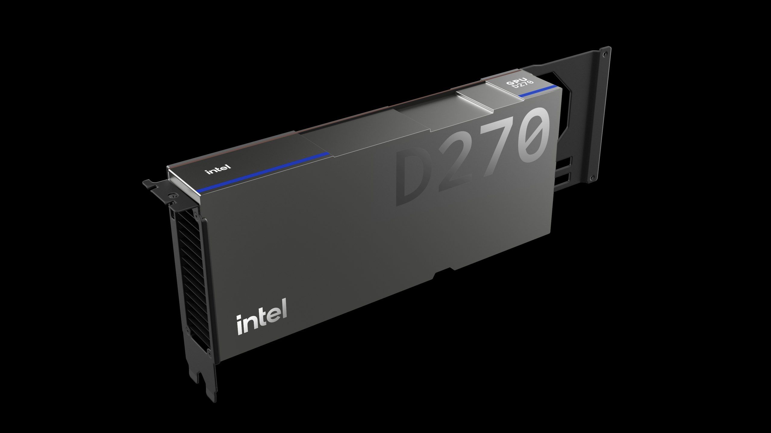 Le GPU Intel D270 affiché avec un design noir et bleu et le logo Intel visible.