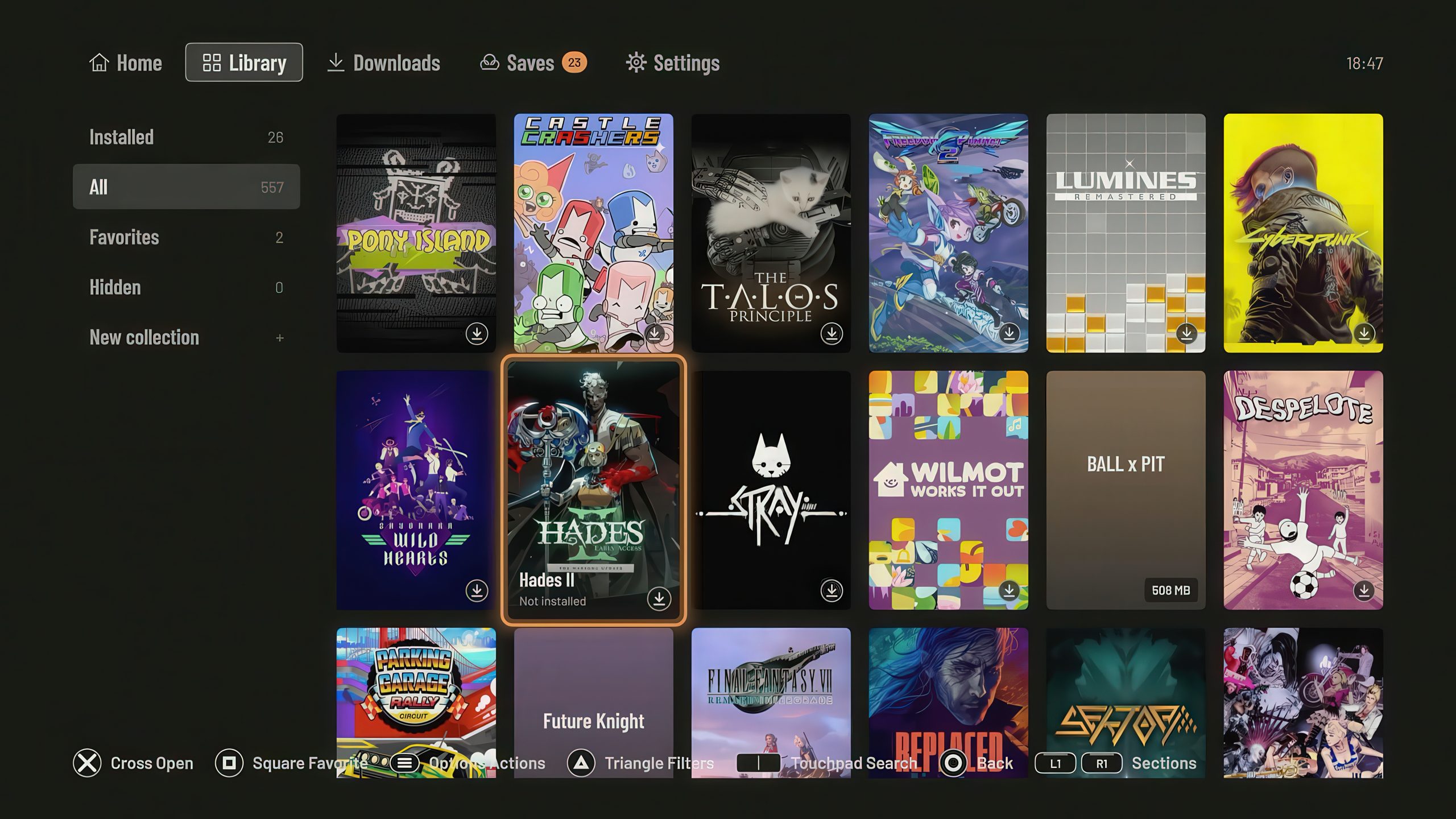 Vue de la bibliothèque Playden avec Hades II, Cyberpunk et Pony Island, Hades II sélectionné et marqué Non installé.