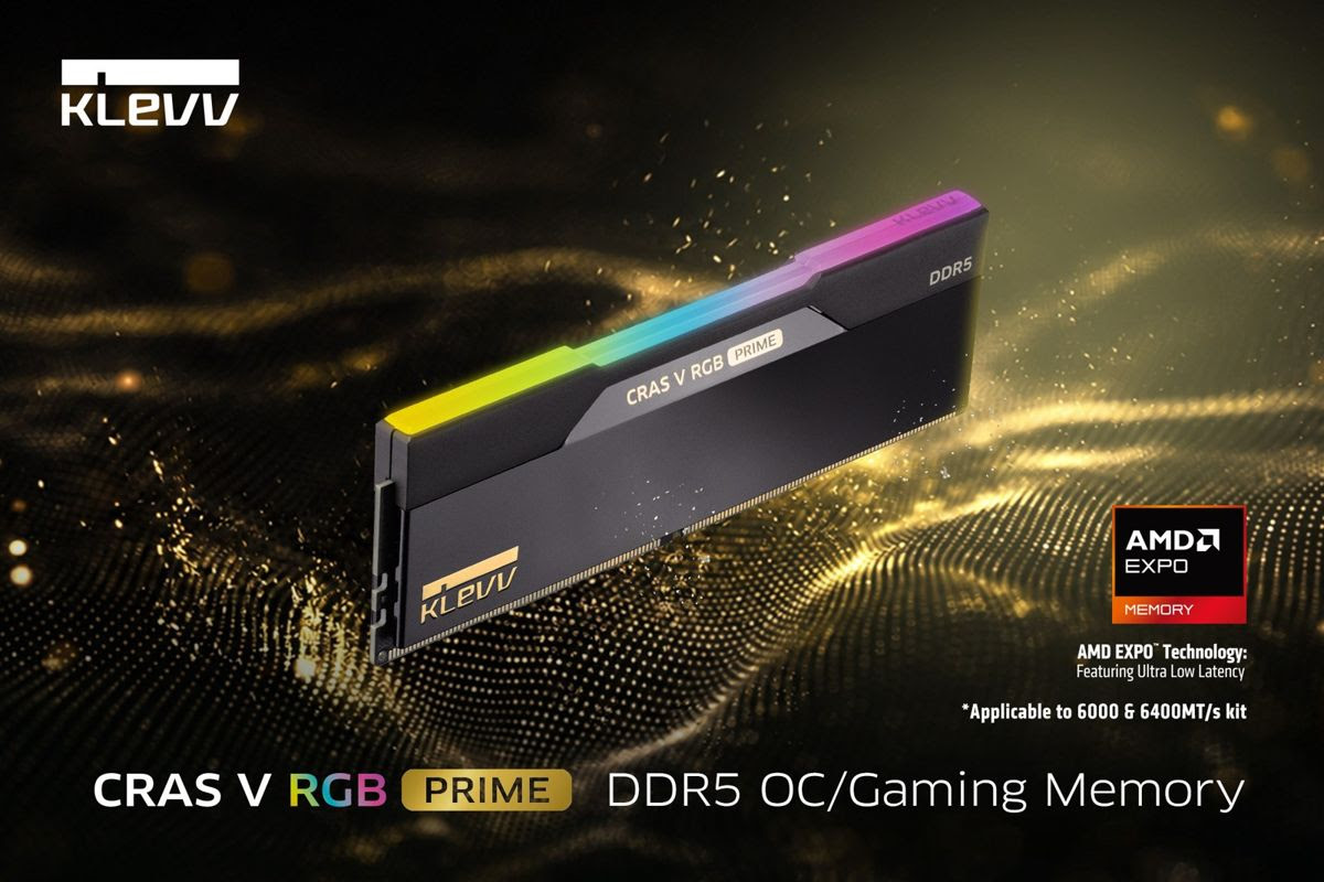 A Klevv CRAS V RGB Prime DDR5 OC/Gaming Memory module is shown with 'AMD EXPO Technology' branding and features noted for ultra-low latency.