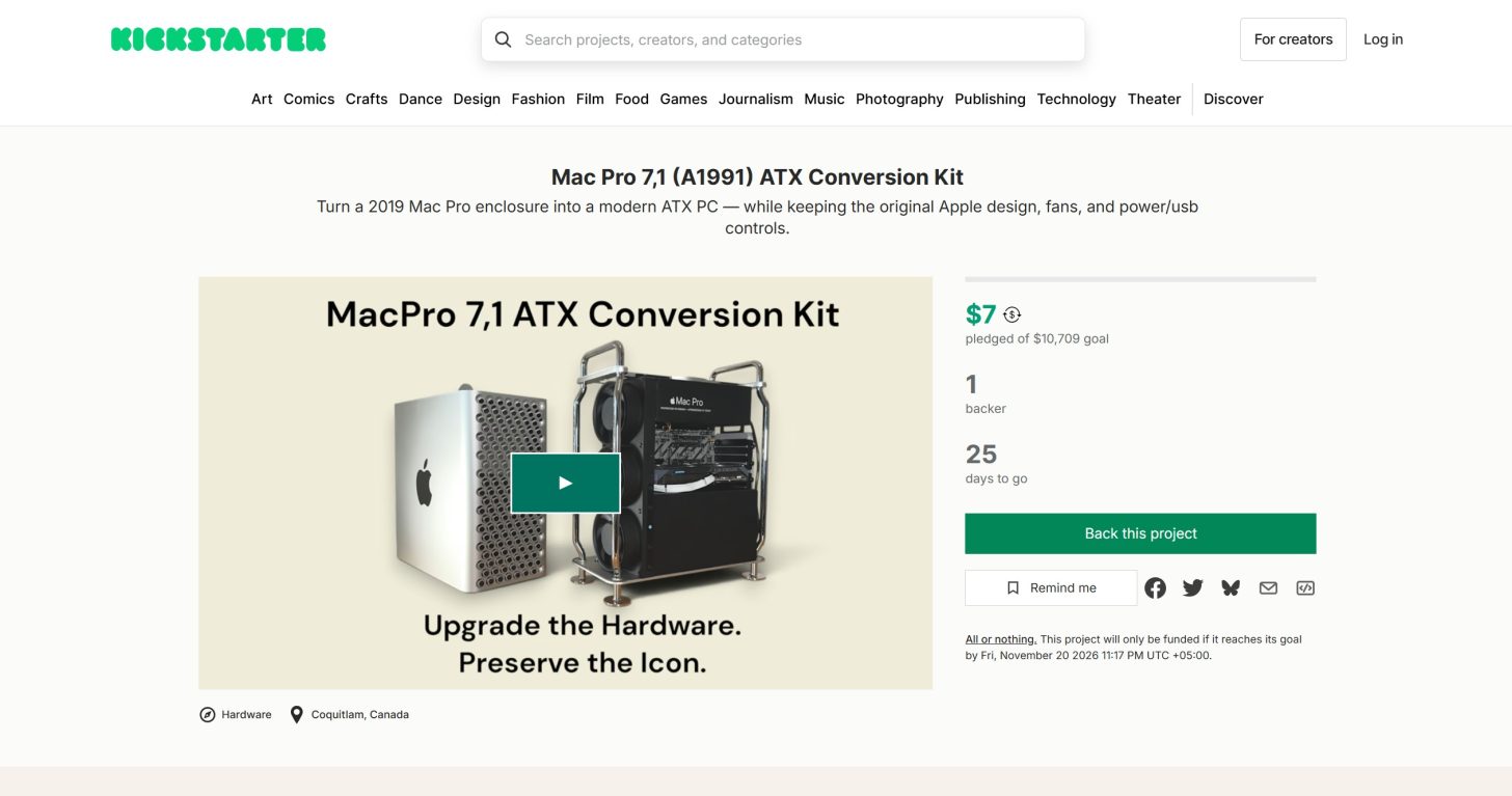 Page Kickstarter présentant le kit de conversion pour Mac Pro 7,1 (A1991), montrant une photo de la tour à côté d'un boîtier ATX ouvert, avec le texte 'Upgrade the Hardware. Preserve the Icon.'.