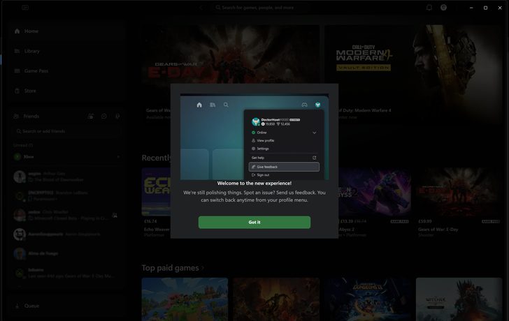 Une fenêtre de bienvenue dans l'application Xbox propose des options de profil utilisateur.