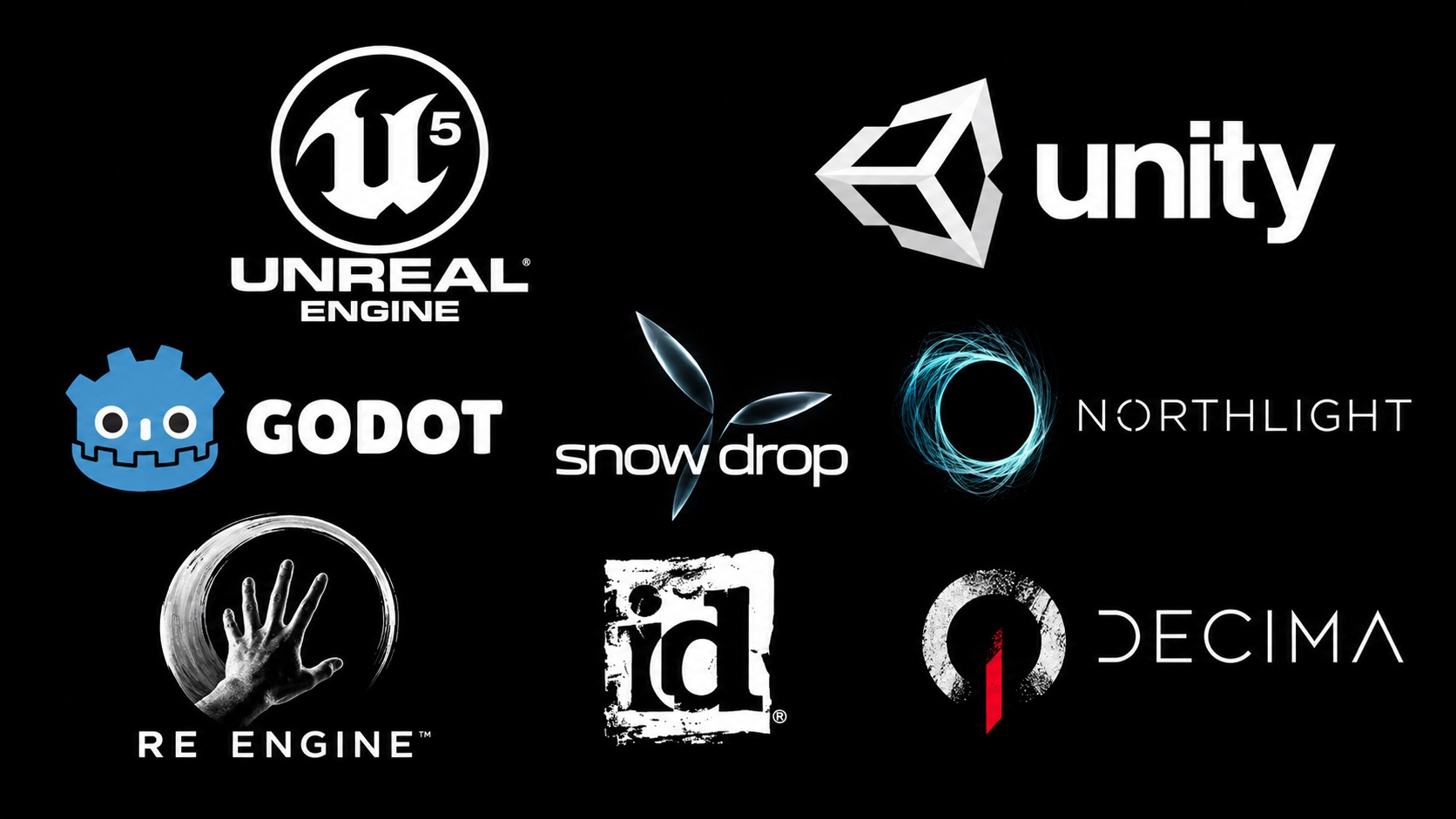 Logos des moteurs de jeu Unreal Engine, Unity, Godot, Snowdrop, Northlight, RE Engine, id Tech, et Decima sur fond noir.