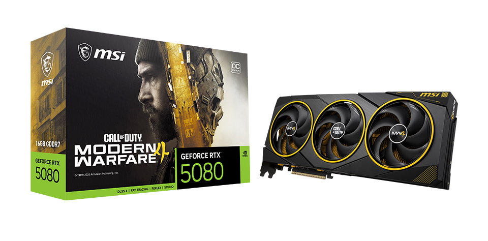 Une carte graphique MSI GeForce RTX 5080 et son emballage aux couleurs de Call of Duty Modern Warfare 4, avec trois ventilateurs.