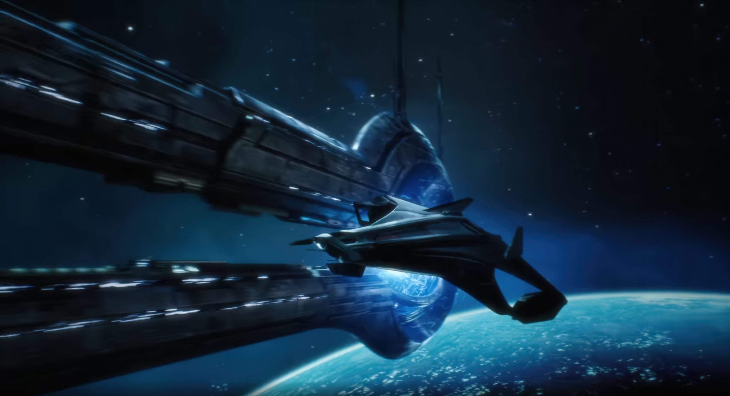 Un vaisseau spatial approche d'une grande station spatiale sur fond d'étoiles et de planète, dans un décor de science-fiction.