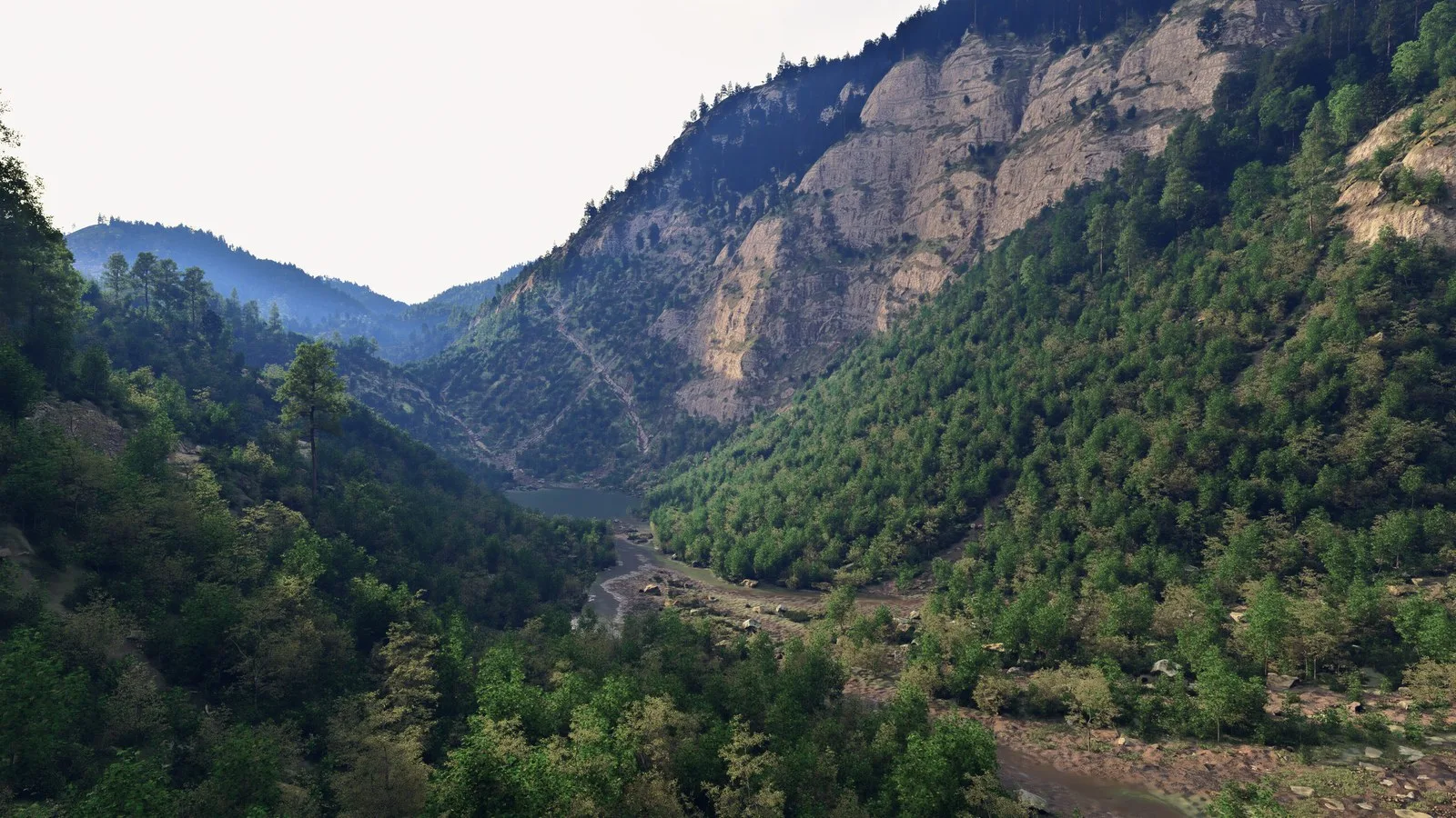 Un rendu détaillé d'une vallée luxuriante et boisée avec des formations rocheuses escarpées.