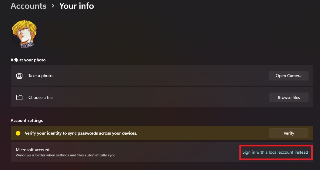 The Windows settings screen under 'Accounts > Your info' shows options for adjusting profile photo and account settings, with a highlighted option stating 'Sign in with a local account instead'.