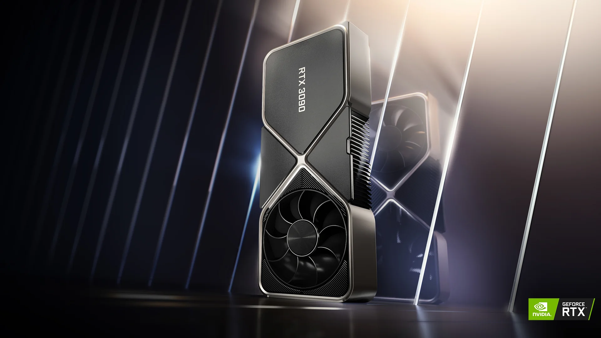 Une carte graphique NVIDIA GeForce RTX 3090 est affichée avec un design élégant et futuriste sur un fond réfléchissant, présentant le logo de manière proéminente.