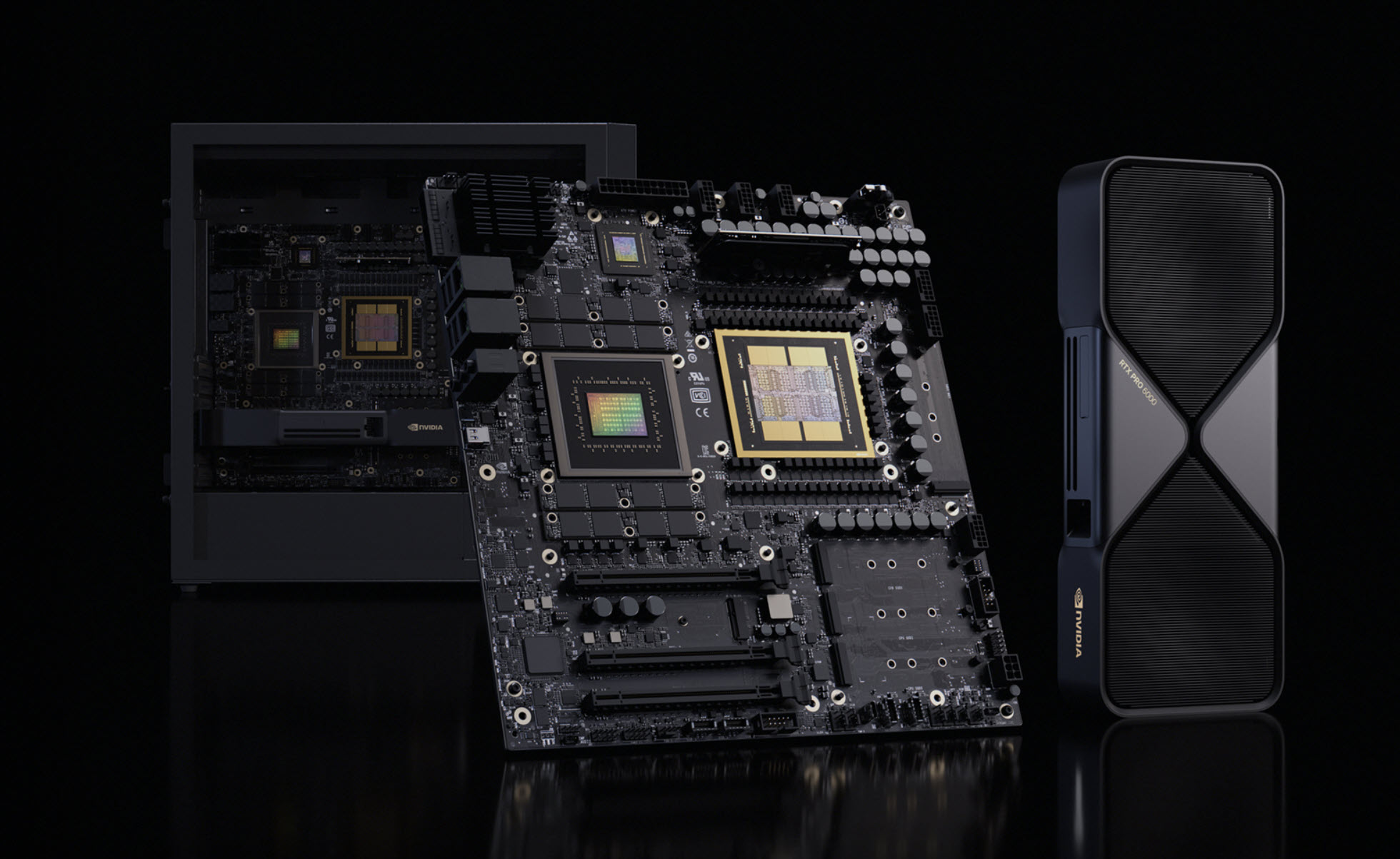 An NVIDIA RTX 6000 Ada graphics card is displayed alongside a motherboard featuring a large NVIDIA chip.