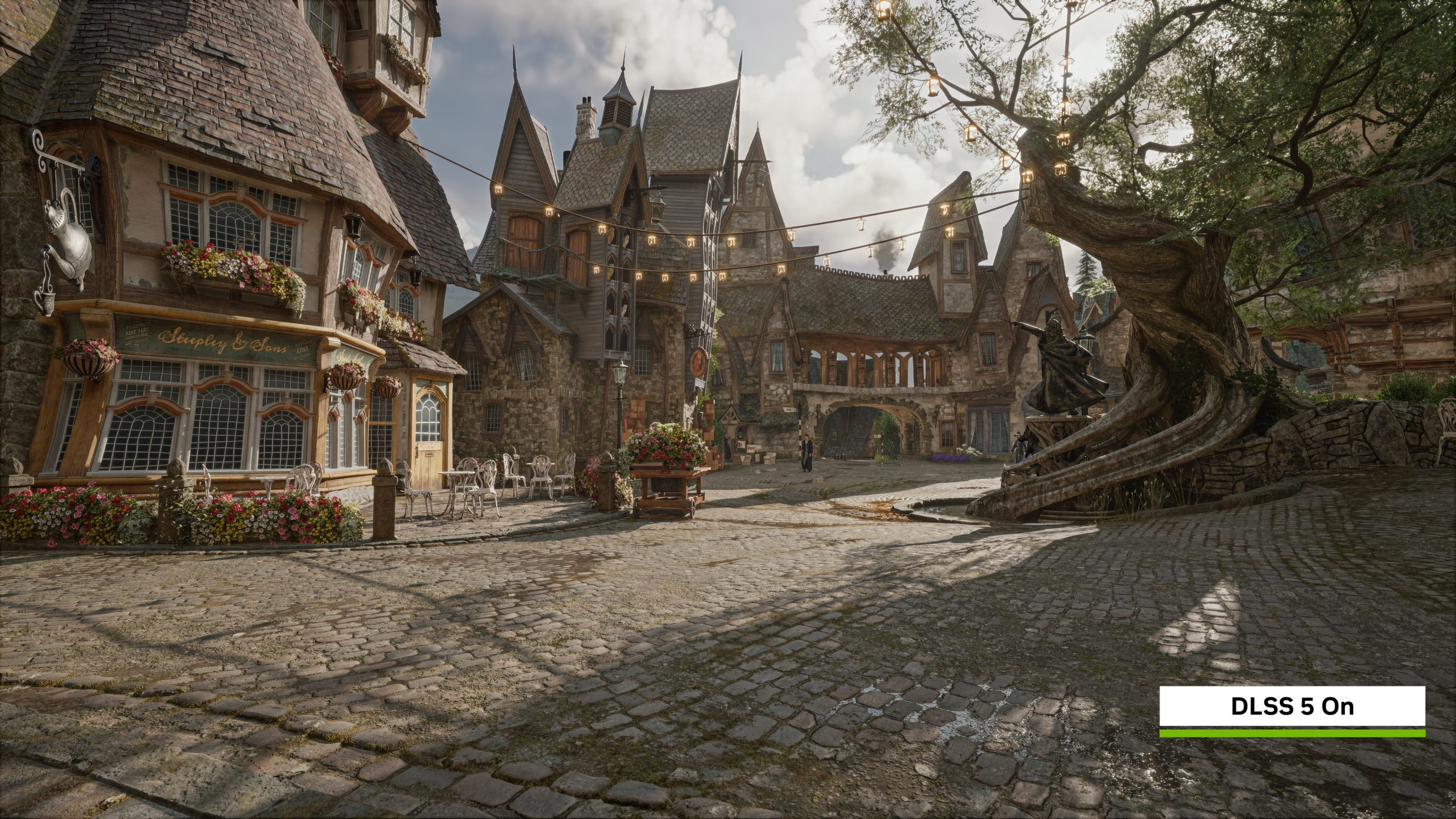 Un village médiéval pittoresque dans un jeu vidéo avec 'DLSS 5 Activé' affiché dans le coin.