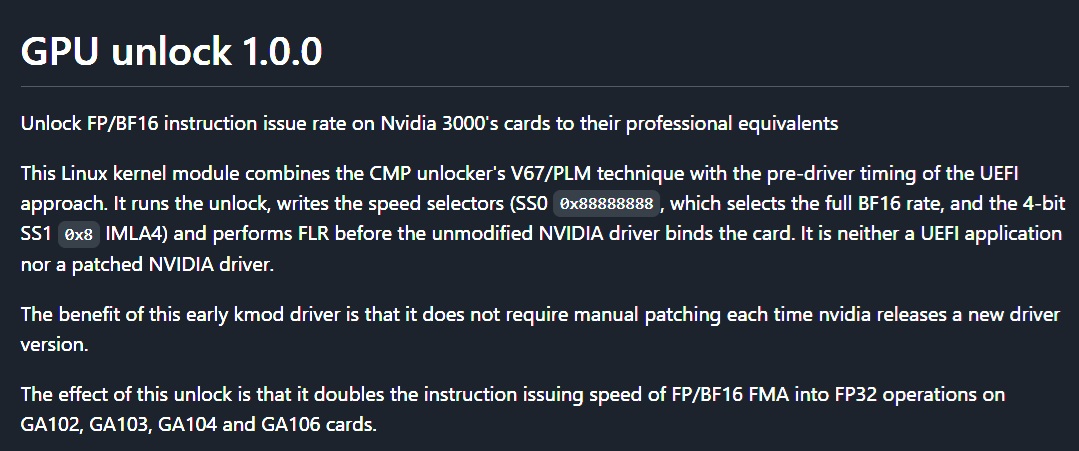 Une diapositive de présentation titrée 'GPU unlock 1.0.0' discutant du déblocage des taux d'instructions FP/BF16 sur les cartes Nvidia 3000 avec un module noyau Linux.
