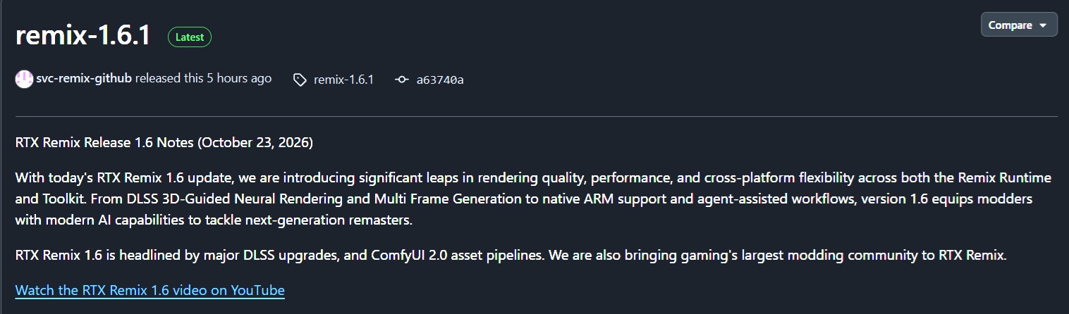 Page de release GitHub montrant 'remix-1.6.1' avec les détails des mises à jour RTX Remix 1.6 incluant les améliorations DLSS et les pipelines d'assets ComfyUI 2.0.