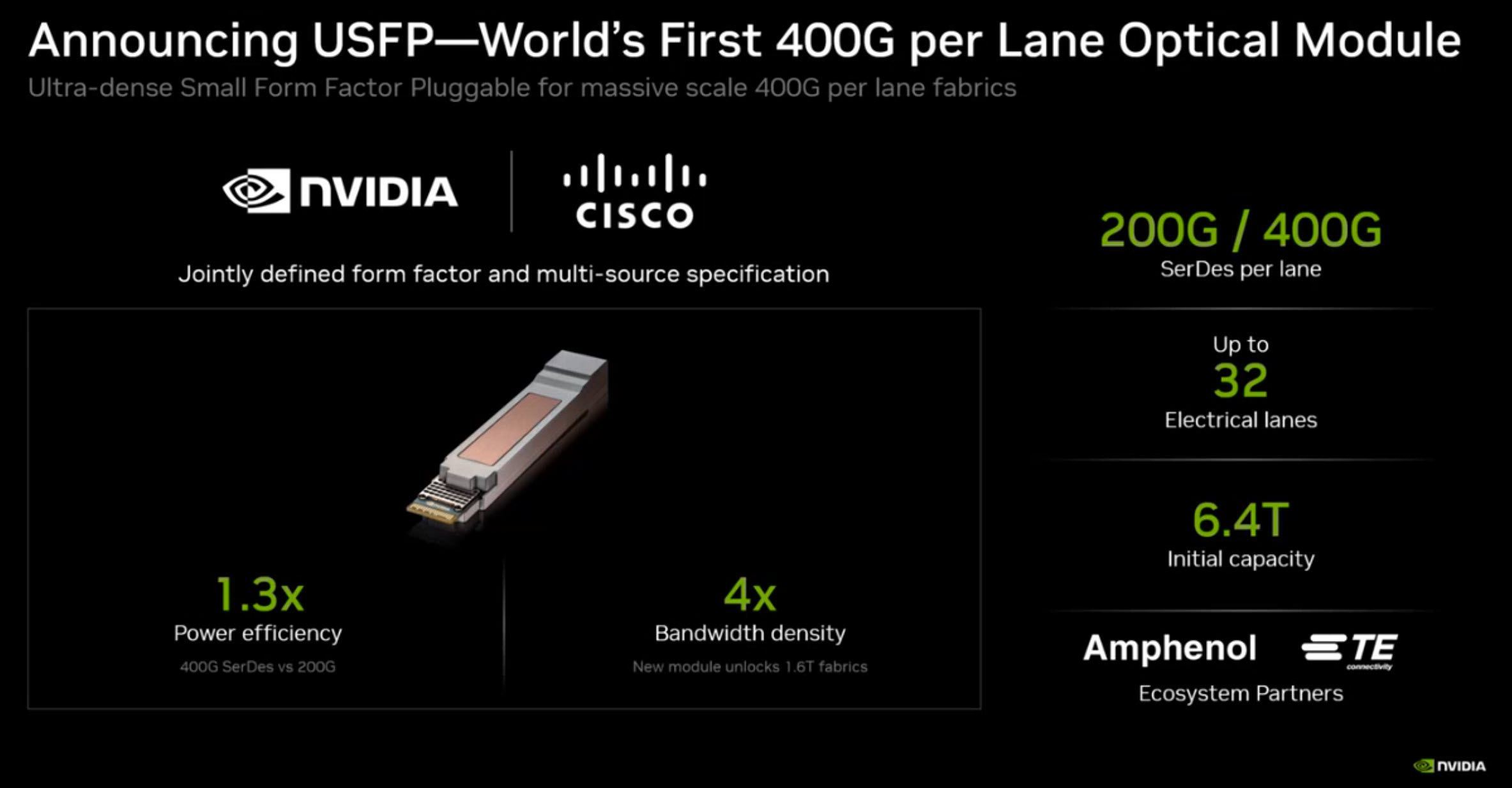 Vue d'une présentation officielle du module USFP par Nvidia et Cisco, listant ses caractéristiques : 200G/400G par voie, jusqu'à 32 voies électriques, efficacité énergétique multipliée par 1,3 et densité de bande passante quadruplée.