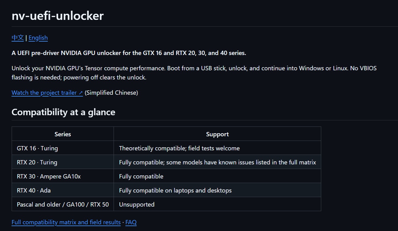 Tableau de compatibilité du projet NV UEFI Unlocker montrant un support complet pour les séries RTX 20, 30 et 40.