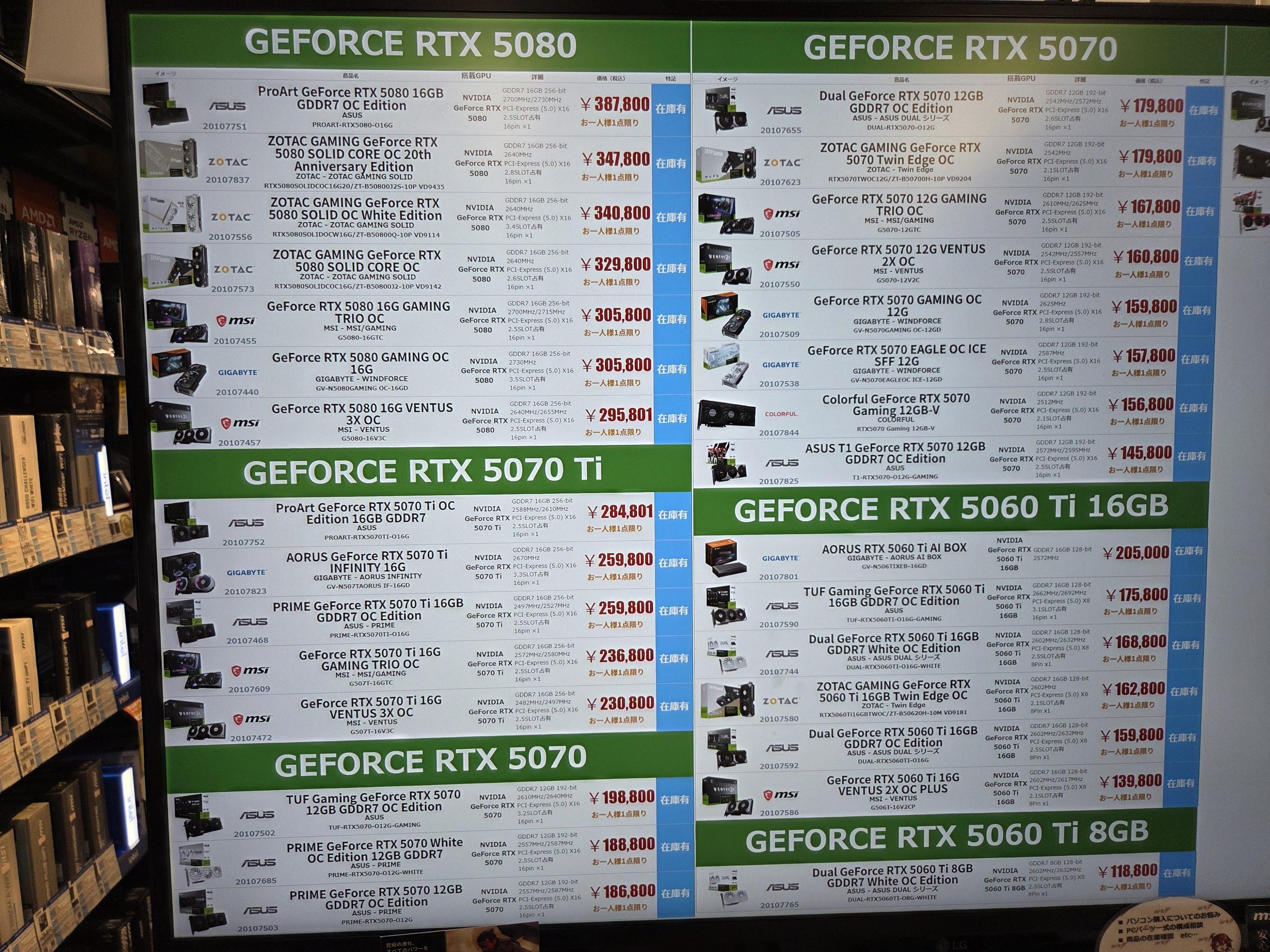 Un écran affiche plusieurs modèles et prix des cartes graphiques NVIDIA GeForce RTX 5080, 5070 Ti, 5070 et 5060 Ti de marques comme ASUS, ZOTAC et MSI, avec la RTX 5080 à 387 800 yens et la RTX 5060 Ti 8 Go à 118 800 yens.