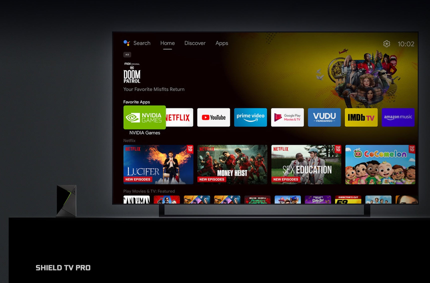 L'image montre l'interface du NVIDIA Shield TV Pro affichant une sélection d'applications dont Netflix et NVIDIA Games, avec l'heure indiquée en haut à droite.