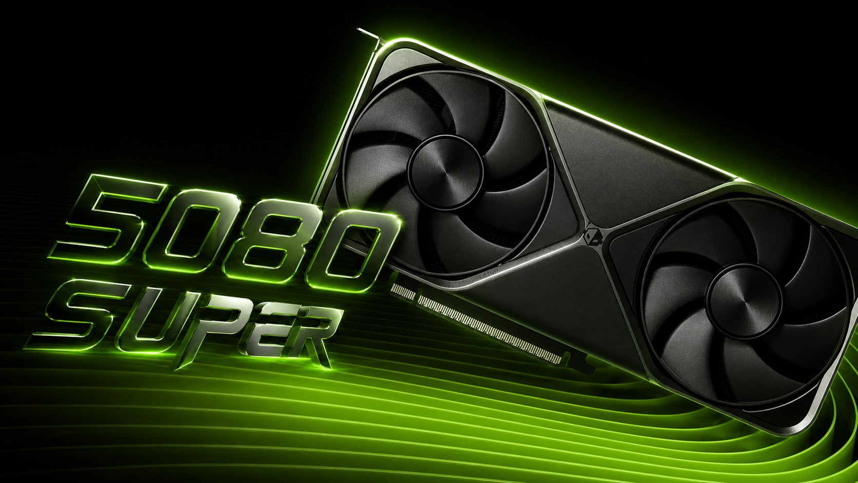 A NVIDIA graphics card is shown with glowing green text reading '5080 SUPER' in the foreground.