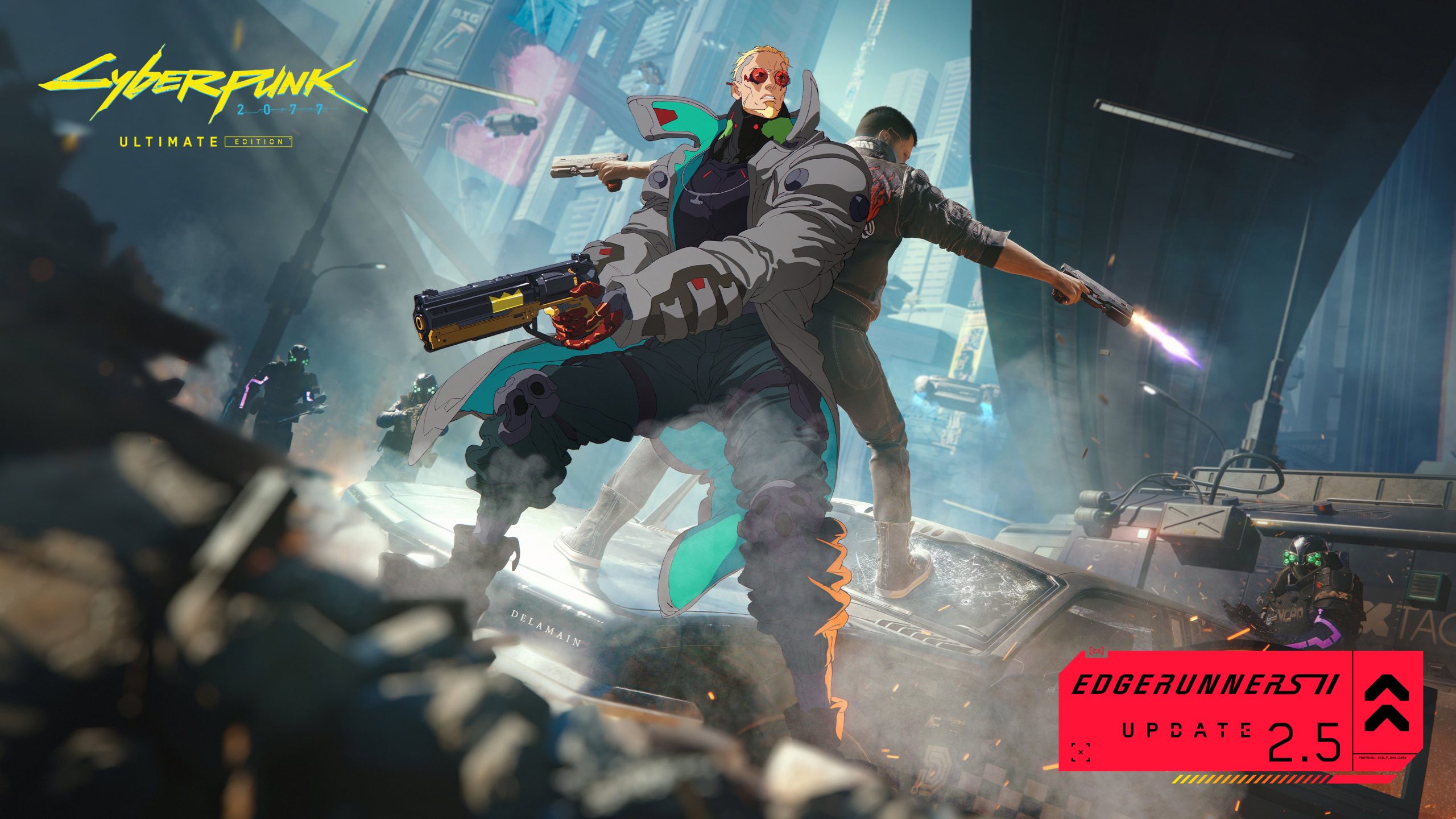 A vibrant scene from 'Cyberpunk 2077 Ultimate Edition' shows a masked character wielding a high-tech firearm, with the text 'EDGERUNNERS UPDATE 2.5' prominently displayed.