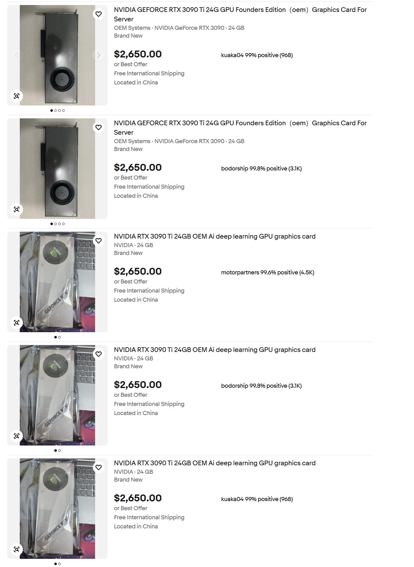 Une annonce sur une place de marché en ligne montre plusieurs cartes graphiques NVIDIA RTX 3090 Ti 24GB au prix de 2 650,00€, proposant une livraison internationale gratuite depuis la Chine.