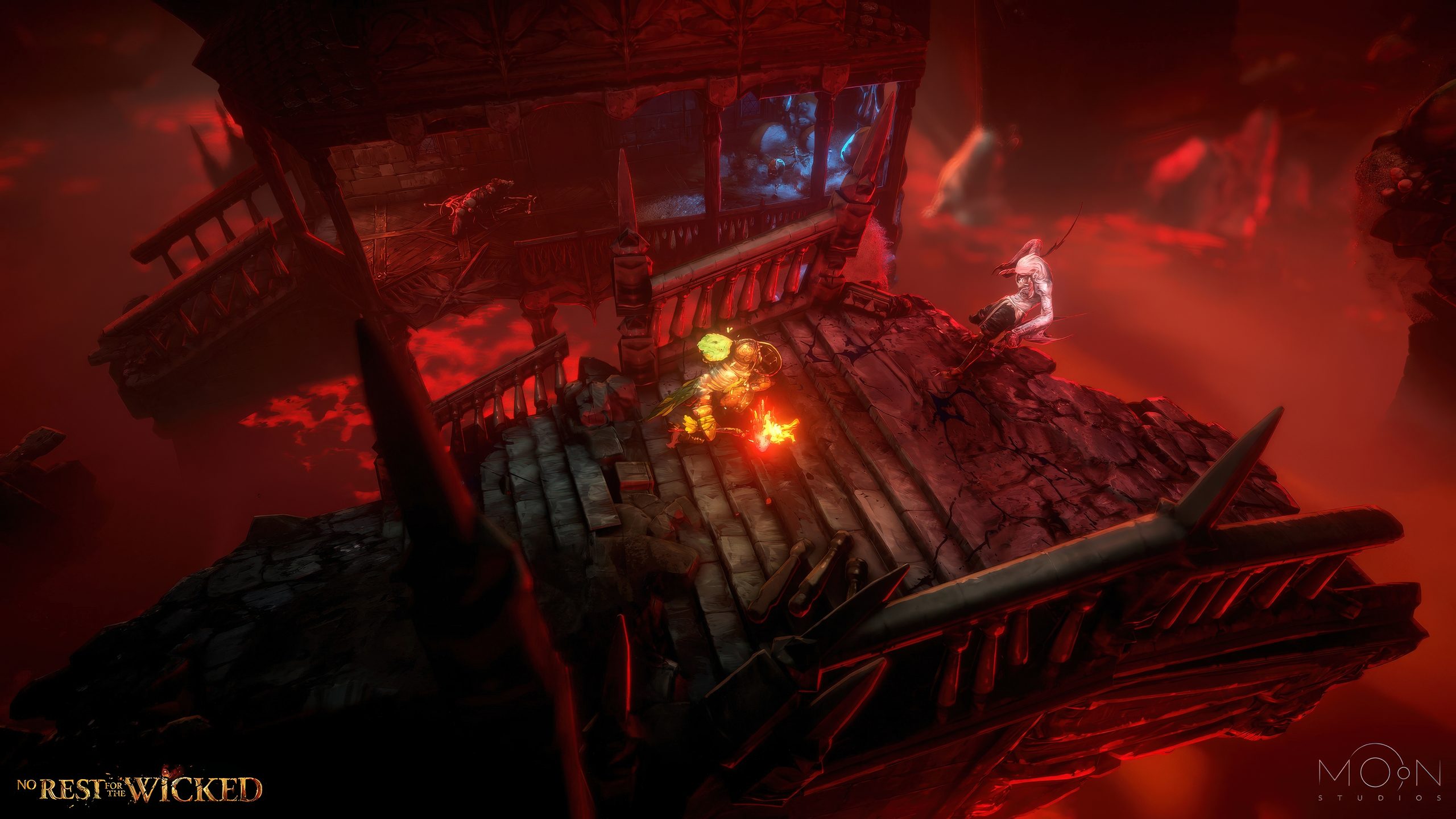 Un personnage de No Rest for the Wicked affronte un ennemi sur un pont en feu et en ruine.