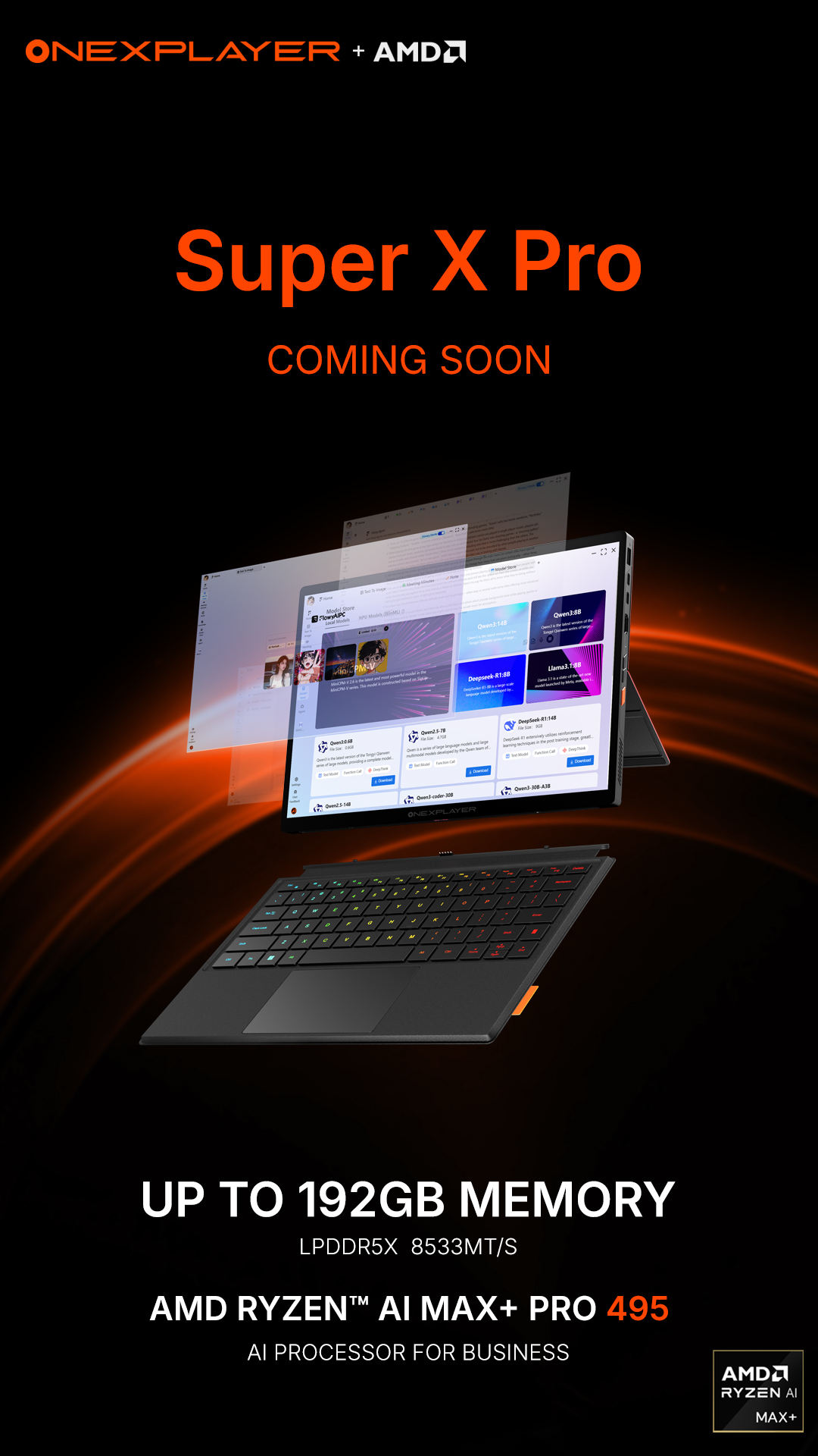 ONEXPLAYER + AMD promotional image for the upcoming 'Super X Pro' device, featuring a display with software interfaces, 'up to 192GB memory' with LPDDR5X 8533MT/s, and equipped with 'AMD Ryzen AI Max+ Pro 495' for business applications.