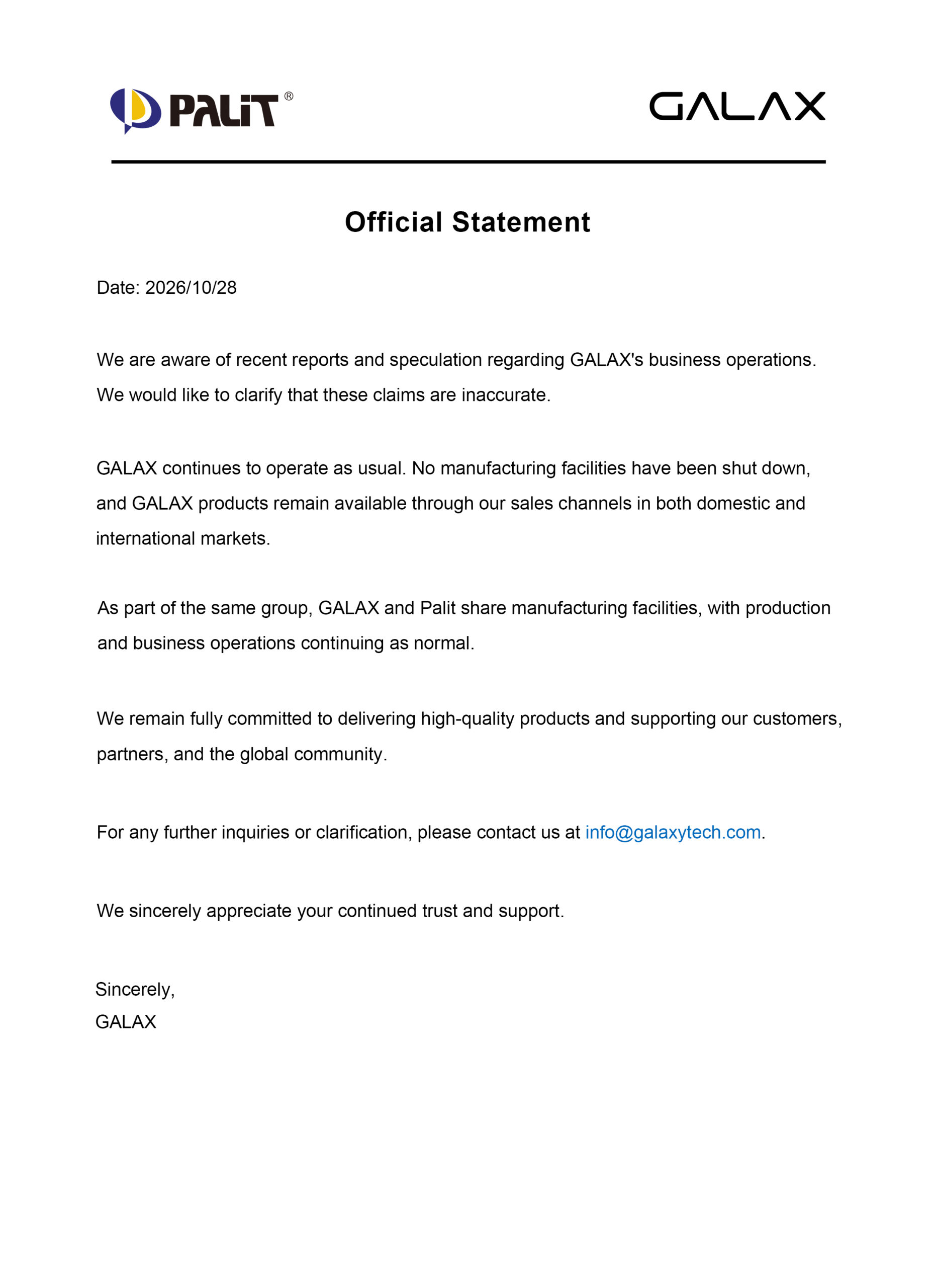 An 'Official Statement' from GALAX and Palit dated 2026/10/28 clarifying that their business operations continue as usual and refuting rumors about facility shutdowns.