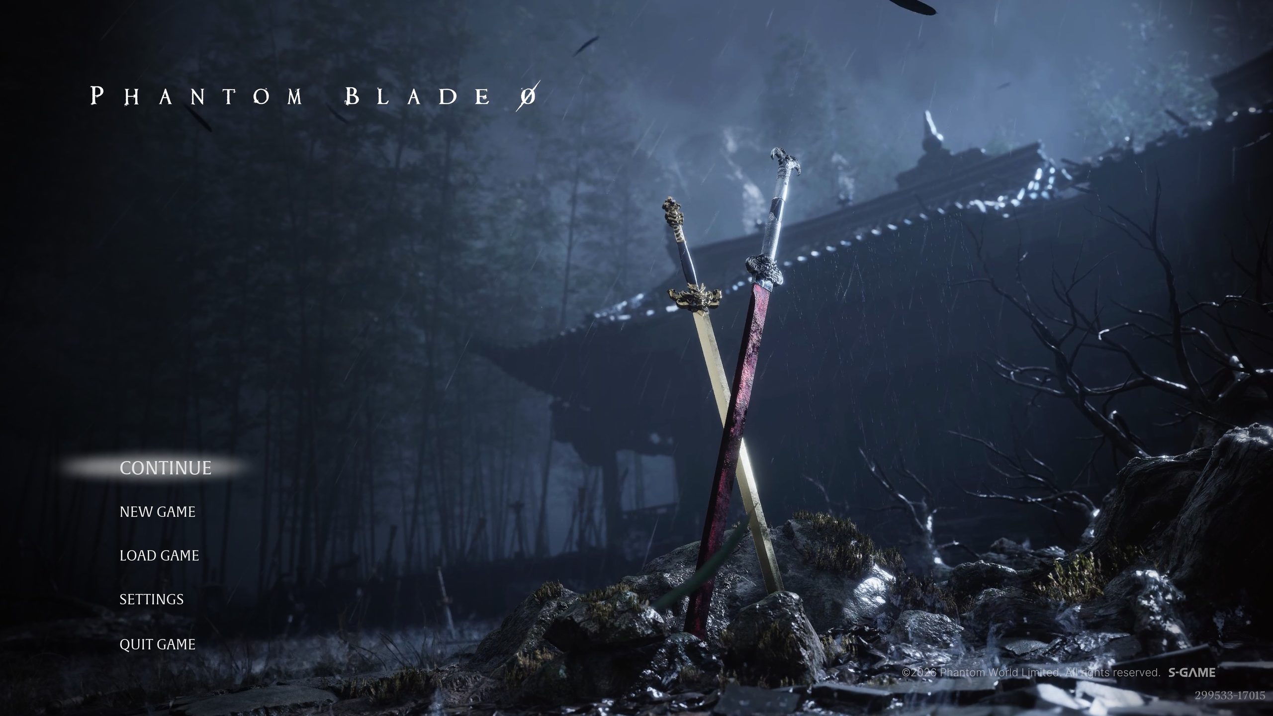 Deux épées croisées devant une forêt sombre et pluvieuse. Le titre 'Phantom Blade 0' est visible en haut à gauche, avec un menu proposant CONTINUE et NEW GAME.