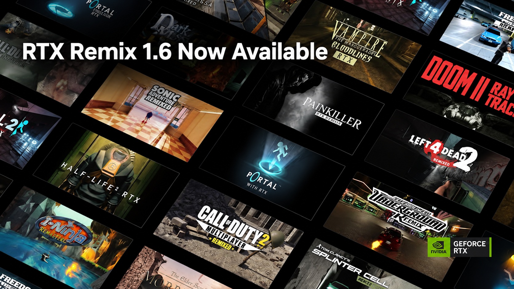 Un montage d'images de jeux vidéo présente 'RTX Remix 1.6 Maintenant Disponible' avec des jeux comme 'Portal RTX', 'Sonic Adventure Remixed' et 'Half-Life 2 RTX', aux côtés d'un logo NVIDIA GeForce RTX.
