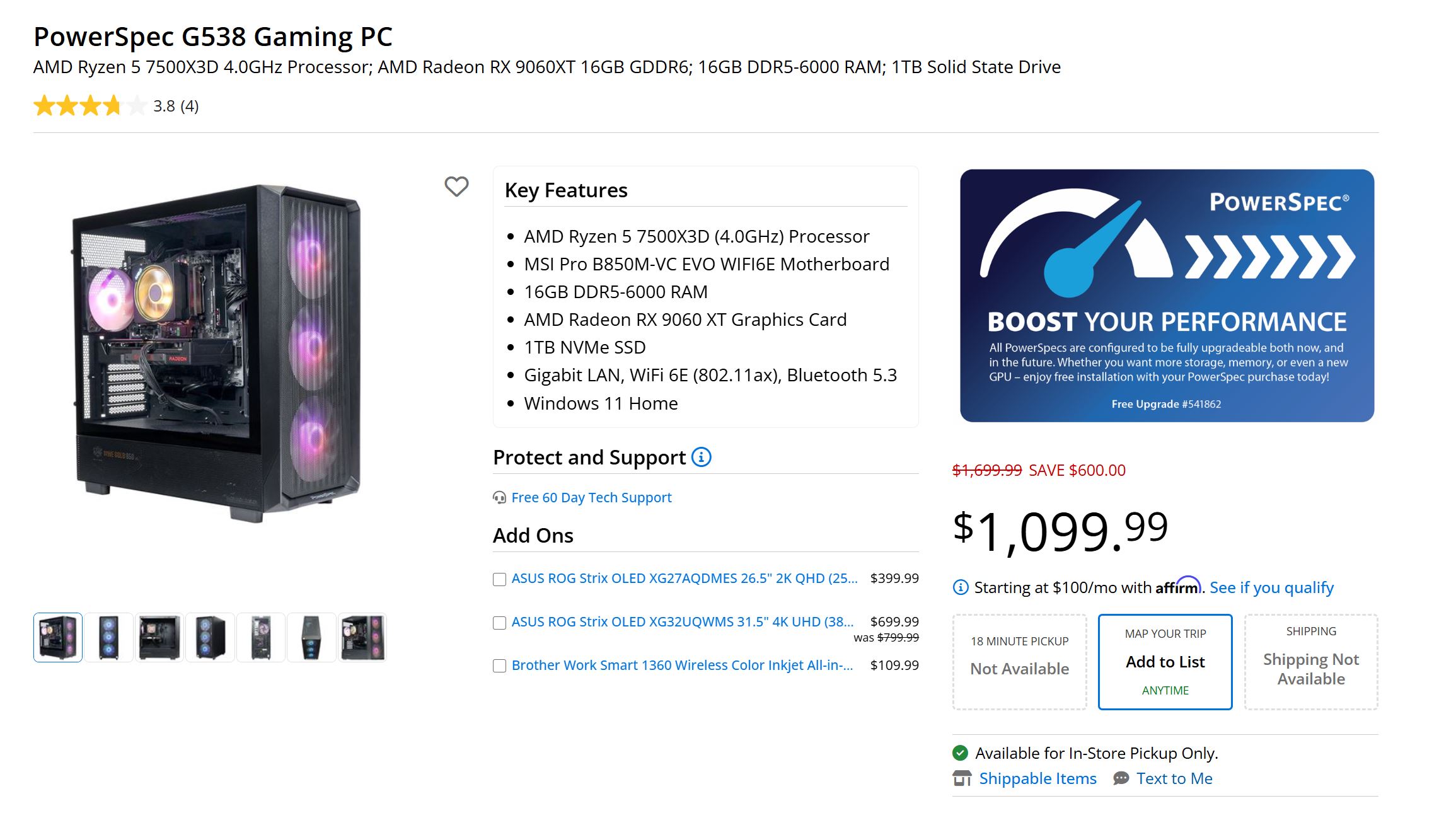 Le PC gaming PowerSpec G538 comprend un processeur AMD Ryzen 5 7500X3D 4.0GHz, une carte graphique AMD Radeon RX 9060XT, 16 Go de RAM DDR5-6000 et un SSD NVMe de 1 To, au prix de 1099.99 euros.