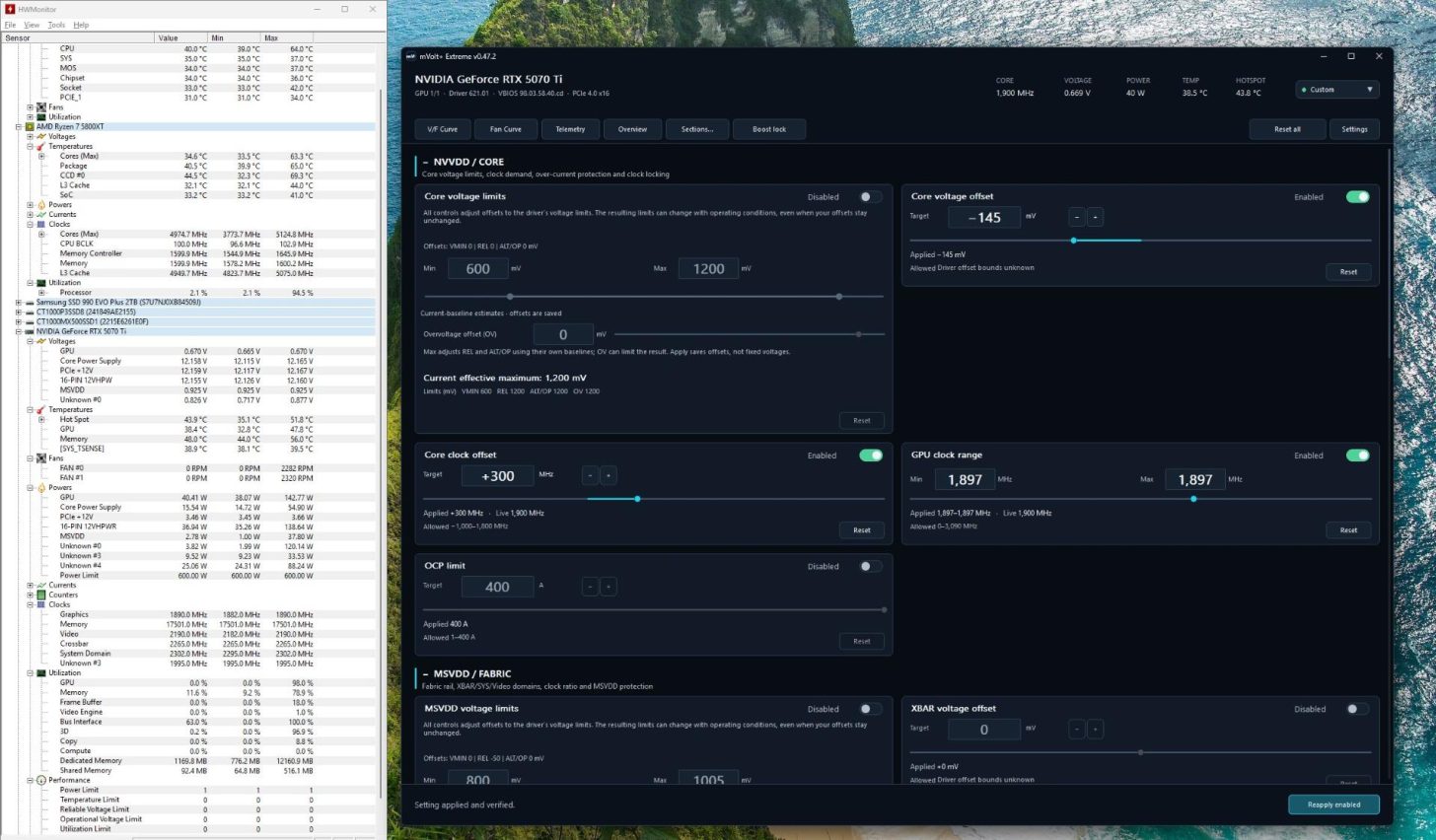 Capture d'écran montrant HWMonitor et un utilitaire d'overclocking. On y voit les paramètres d'une NVIDIA GeForce RTX 5070 Ti, avec un décalage d'horloge cœur à +300 MHz et une fréquence de 1897 MHz.