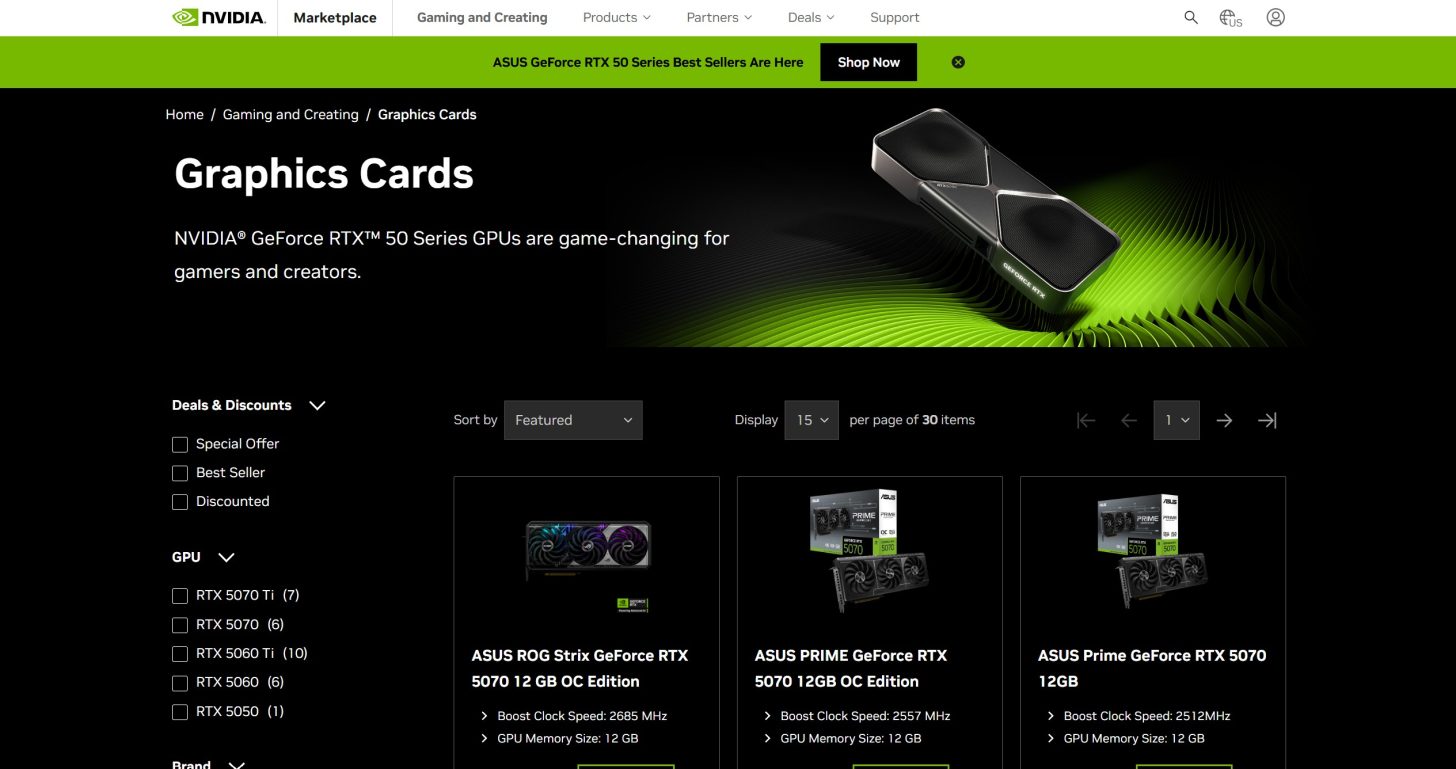 Capture d'écran du site NVIDIA montrant la sélection de cartes GeForce RTX 50 Series, avec la RTX 5070 Ti présentée comme l'option la plus puissante.