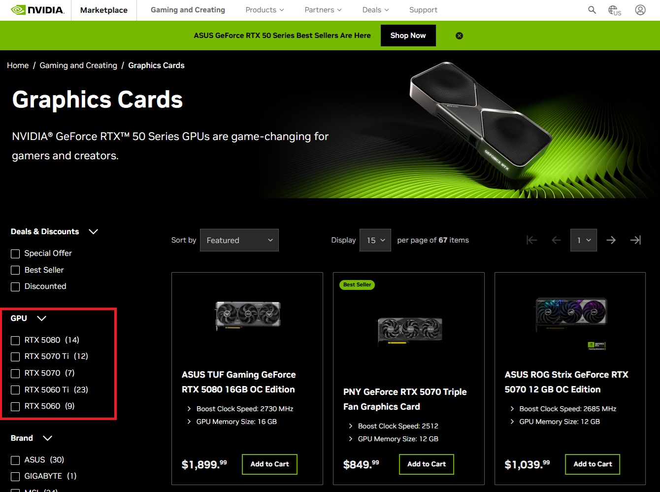 La page Marketplace de NVIDIA affiche des cartes graphiques dont l'ASUS TUF Gaming GeForce RTX 5080 16GB OC Edition à 1899€ et la PNY GeForce RTX 5070 Triple Fan à 849€.