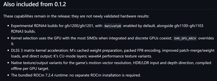 A list titled 'Also included from 0.1.2' details capabilities like experimental RDNA4 builds, DLSS 3 matrix-kernel acceleration, and the bundled ROCm 7.2.4 runtime.