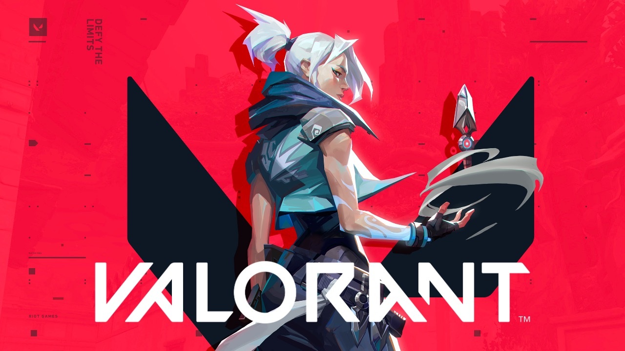 Personnage du jeu 'Valorant' par Riot Games sur fond rouge avec le texte 'DEFY THE LIMITS' sur la gauche.