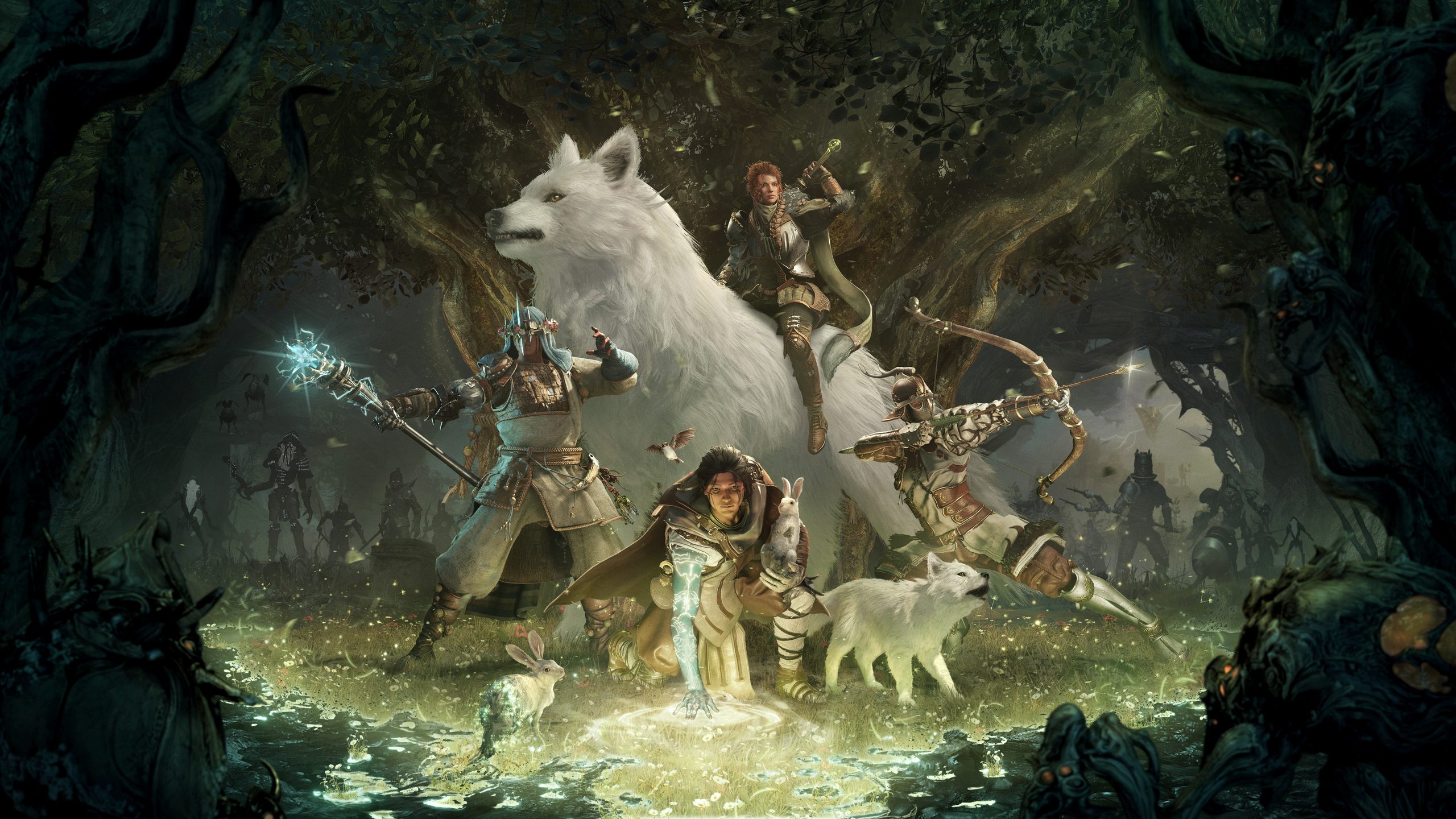 Deux personnages de Soulframe dans une forêt, un lanceur de sorts et un archer.
