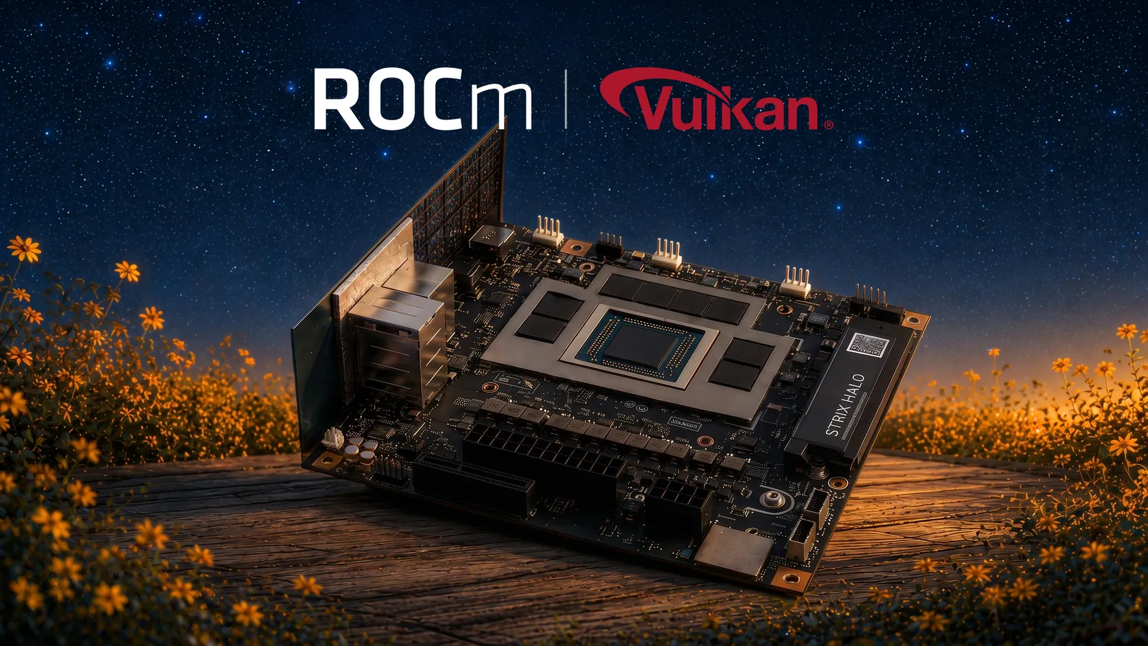 A circuit board labeled STRIX HALO is displayed against a starry night backdrop, with 'ROCm' and 'Vulkan' logos at the top.